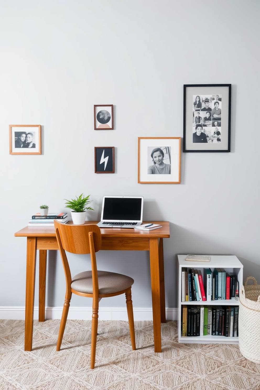 A cozy budget study room featuring a simple wooden desk against a light gray wall. A comfortable chair is placed at the desk with a small bookshelf filled with colorful books to the side. On the desk, a laptop sits next to a potted plant and a stack of notebooks. Framed photos and art pieces are hung on the walls to add a personal touch and warmth to the space.