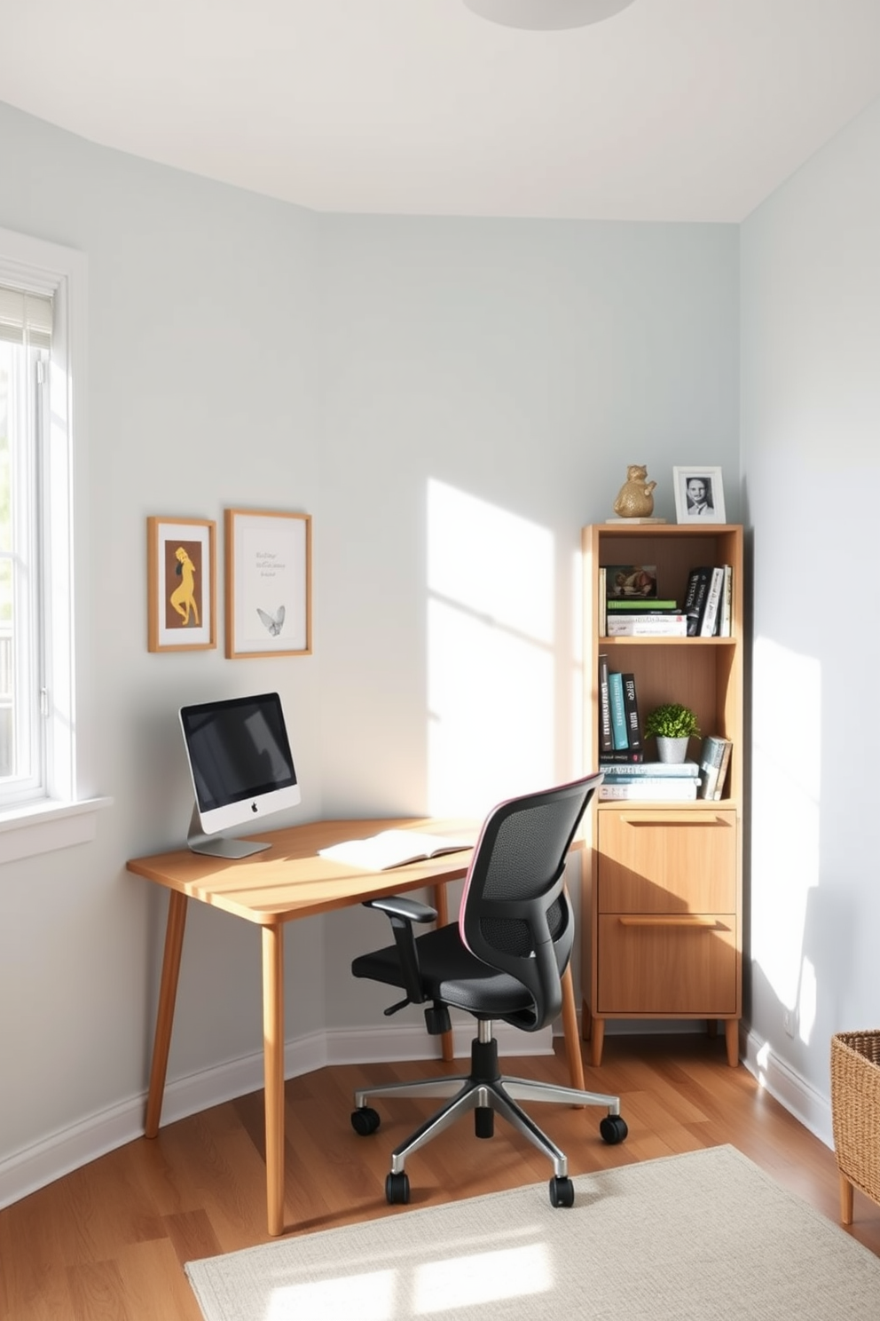 A cozy budget-friendly study room features a small wooden desk positioned against the wall, complemented by a comfortable ergonomic chair. To the right of the desk, a small bookshelf holds a collection of books and decorative items, ensuring easy access and a personal touch. The walls are painted in a soft light blue, creating a calming atmosphere, while the floor is adorned with a simple area rug for added warmth. Natural light streams in through a nearby window, illuminating the space and enhancing productivity.