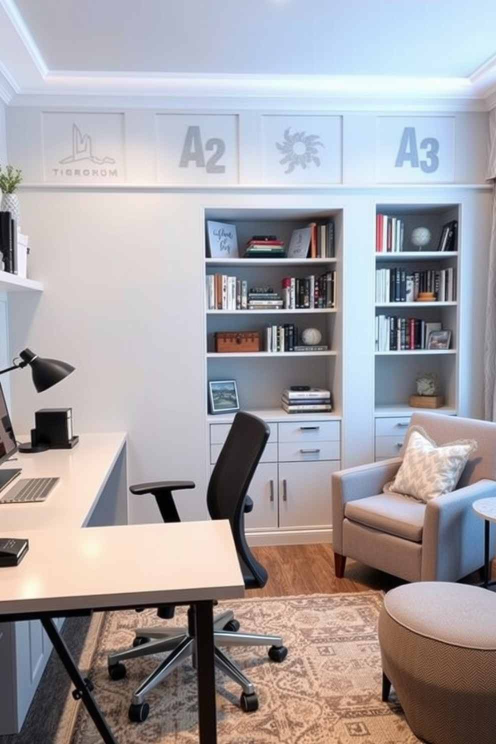 A cozy budget study room features a small wooden desk against a light gray wall, complemented by a comfortable ergonomic chair. To the side, a small side table holds a stylish lamp and a stack of books for convenience. The flooring is a warm-toned laminate that adds a touch of warmth, while a colorful area rug defines the study space. Shelves filled with neatly organized books and decorative items line the walls, creating an inviting and functional atmosphere.