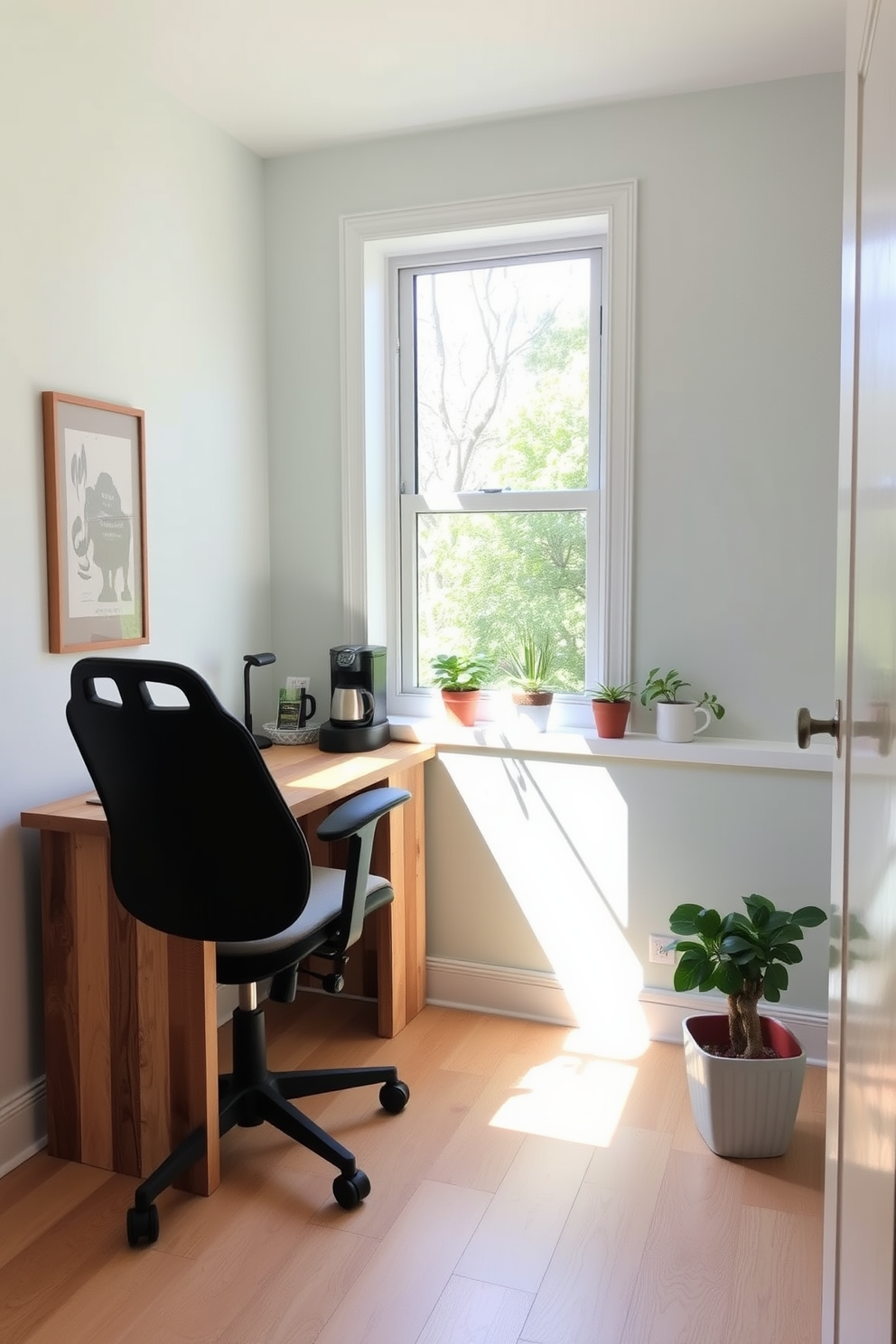 A cozy budget study room designed for productivity. The room features a simple wooden desk with a comfortable chair, and a task lamp provides focused lighting for late-night study sessions. The walls are painted in a soft blue hue to promote calmness, while a large bookshelf filled with books occupies one side of the room. A plush area rug adds warmth underfoot, and a small potted plant brings a touch of nature indoors.