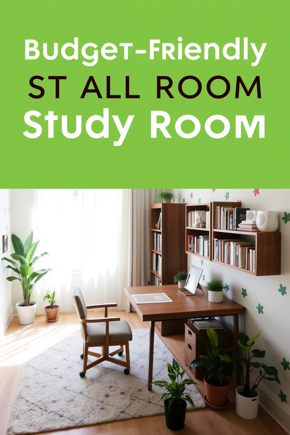 A budget-friendly study room design featuring wall decals that add a pop of color and visual interest to the space. The room includes a simple wooden desk positioned against a light-colored wall, complemented by a comfortable chair and a bookshelf filled with neatly arranged books. Natural light floods the room through a large window adorned with sheer curtains, creating a bright and inviting atmosphere. The floor is covered with a soft area rug that adds warmth, while a few potted plants bring a touch of greenery to the design.