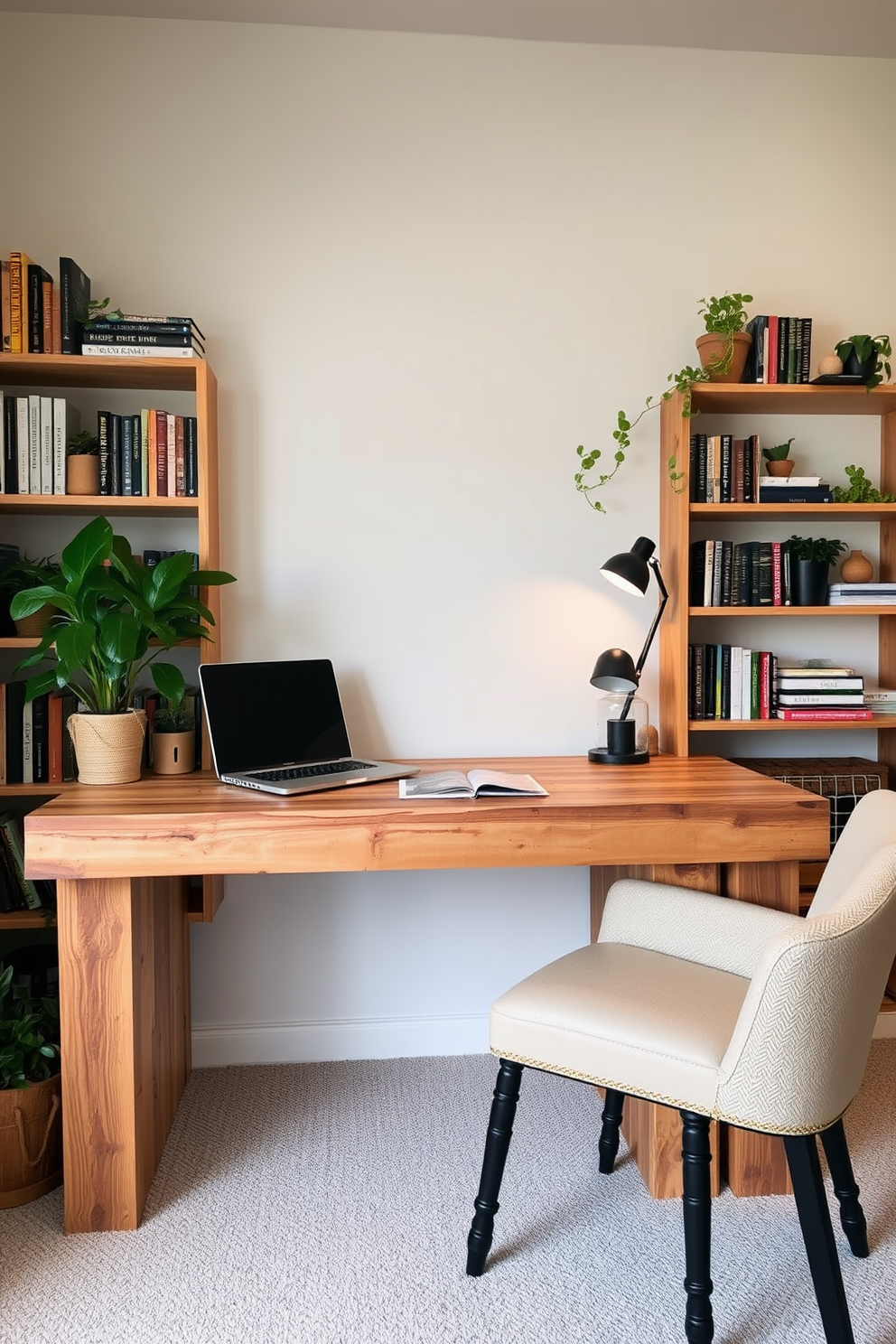 A DIY desk crafted from reclaimed wood sits against a wall, showcasing its natural grain and rustic charm. Surrounding the desk are shelves filled with books and plants, creating an inviting study atmosphere. The study room features a cozy reading nook with a comfortable chair and a small side table. Soft lighting illuminates the space, enhancing the warm tones of the reclaimed wood and promoting a productive environment.