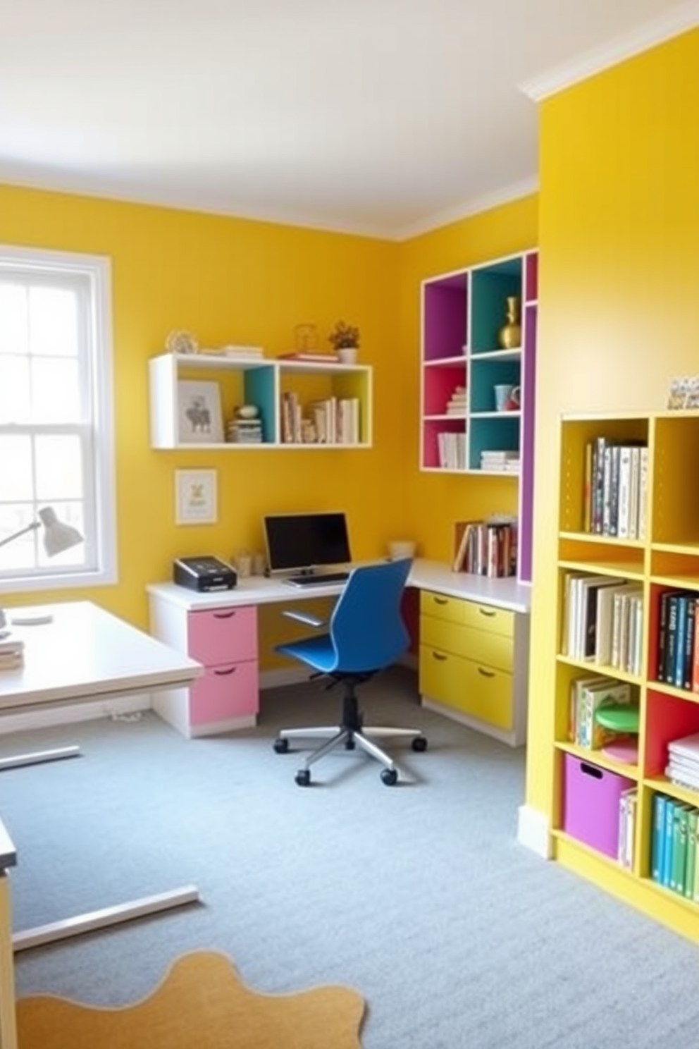 A budget-friendly study room filled with bright colors to inspire creativity. The walls are painted in a vibrant yellow, and the furniture includes a sleek white desk paired with a comfortable blue chair. Colorful shelving units display books and decorative items, adding personality to the space. A large window allows natural light to flood in, enhancing the cheerful atmosphere of the room.