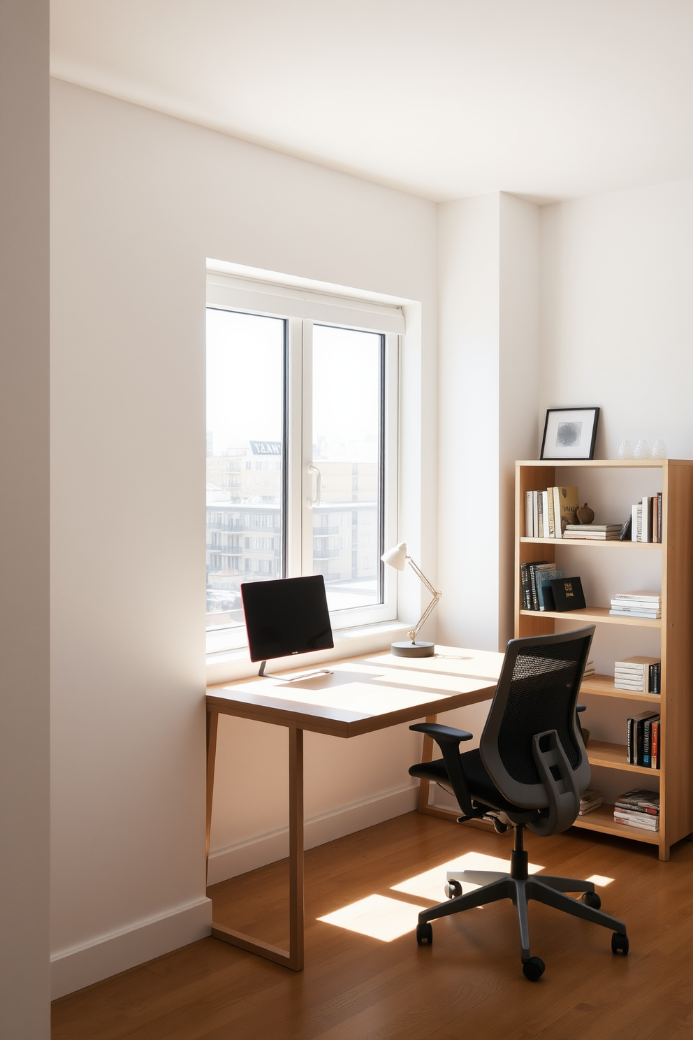 A minimalist study room featuring clean lines and a serene atmosphere. The walls are painted in a soft white, and a sleek wooden desk sits against the window, complemented by a comfortable ergonomic chair. A minimalist bookshelf with open shelving displays a curated selection of books and decorative items. Natural light floods the space, creating an inviting environment for productivity and focus.