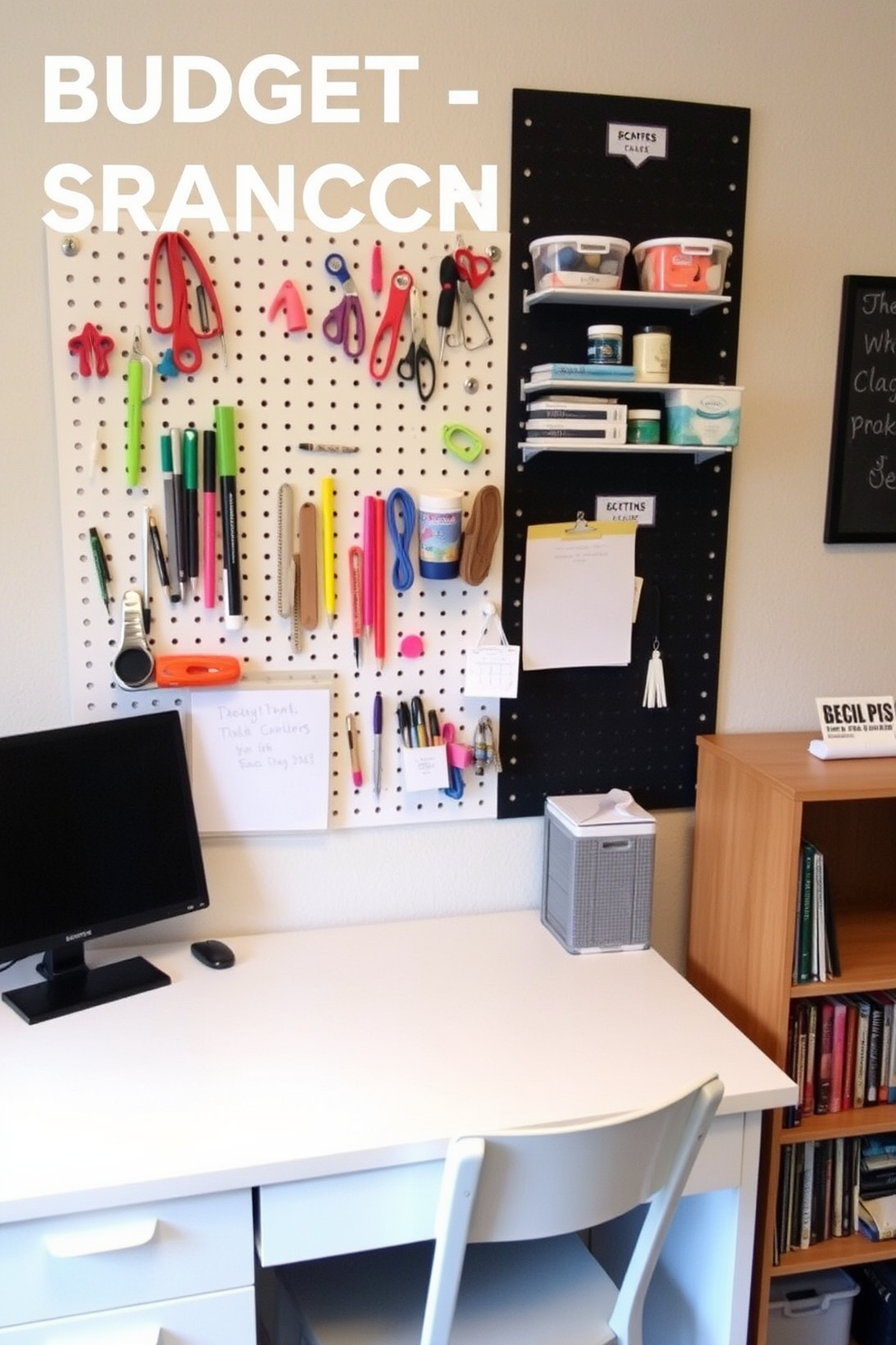 A budget-friendly study room designed for productivity and comfort. The space features a simple wooden desk positioned near a window, allowing natural light to illuminate the area. A comfortable ergonomic chair is placed at the desk, complemented by a small bookshelf filled with essential study materials. Potted plants are arranged on the windowsill and a corner shelf, adding a touch of greenery to create a fresh atmosphere.