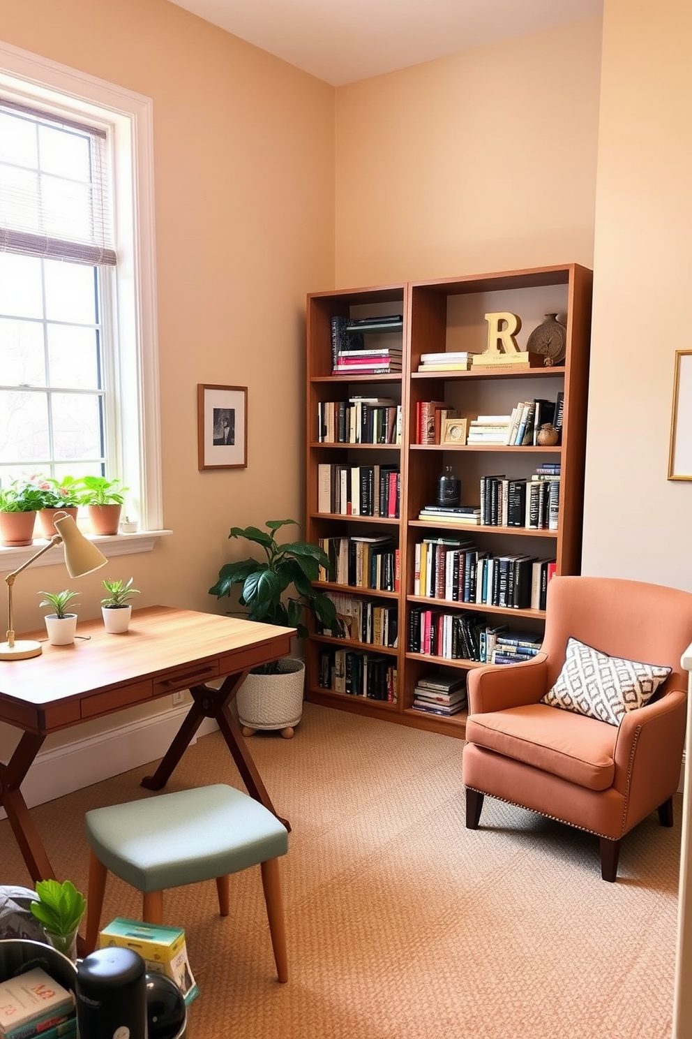 A cozy budget study room filled with natural light. There are two wooden desks facing each other, adorned with simple desk lamps and potted plants on each. The walls are painted in a soft beige tone, creating a warm atmosphere. A large bookshelf filled with books and decorative items sits against one wall, while a comfortable armchair is placed in the corner for reading.