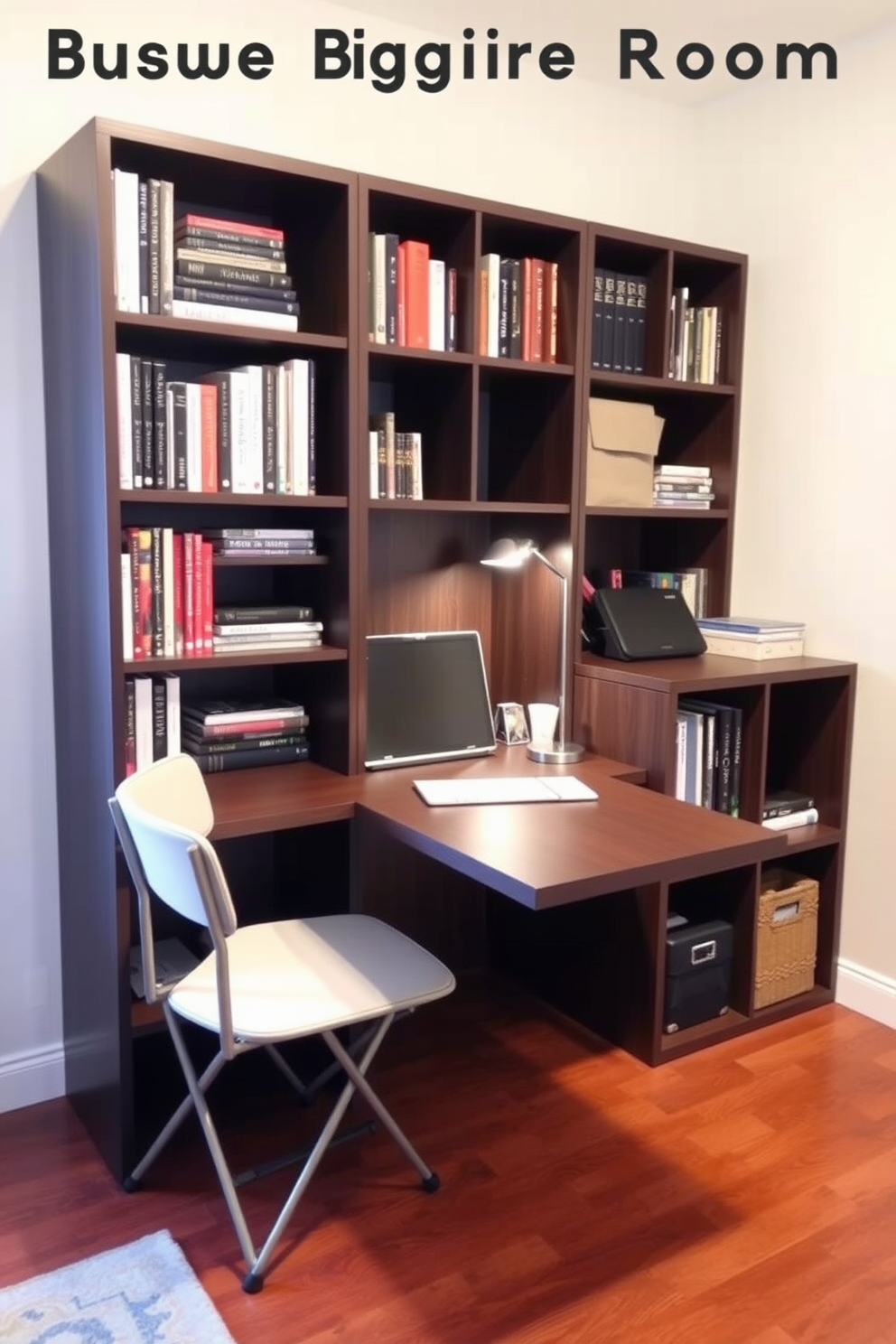 A stylish study room featuring a repurposed old dresser transformed into a functional desk. The dresser is painted in a soft pastel color, with a comfortable chair positioned in front, creating a cozy workspace. The walls are adorned with inspirational artwork and shelves filled with books and plants. A warm rug lies beneath the desk, adding texture and warmth to the space.