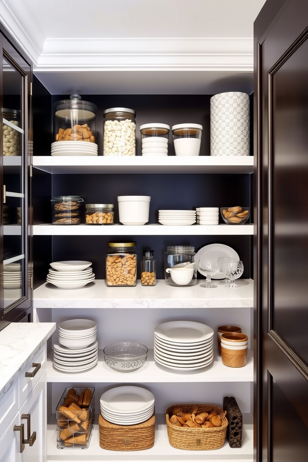 Open shelving lines the walls of a spacious butler pantry, showcasing an array of neatly organized dishware and glassware. A rustic wooden countertop provides ample space for food preparation, complemented by warm ambient lighting that enhances the inviting atmosphere. The pantry features a combination of open shelves and closed cabinetry for versatile storage solutions. Stylish baskets and decorative jars are arranged on the shelves, adding a touch of charm while keeping essentials easily accessible.