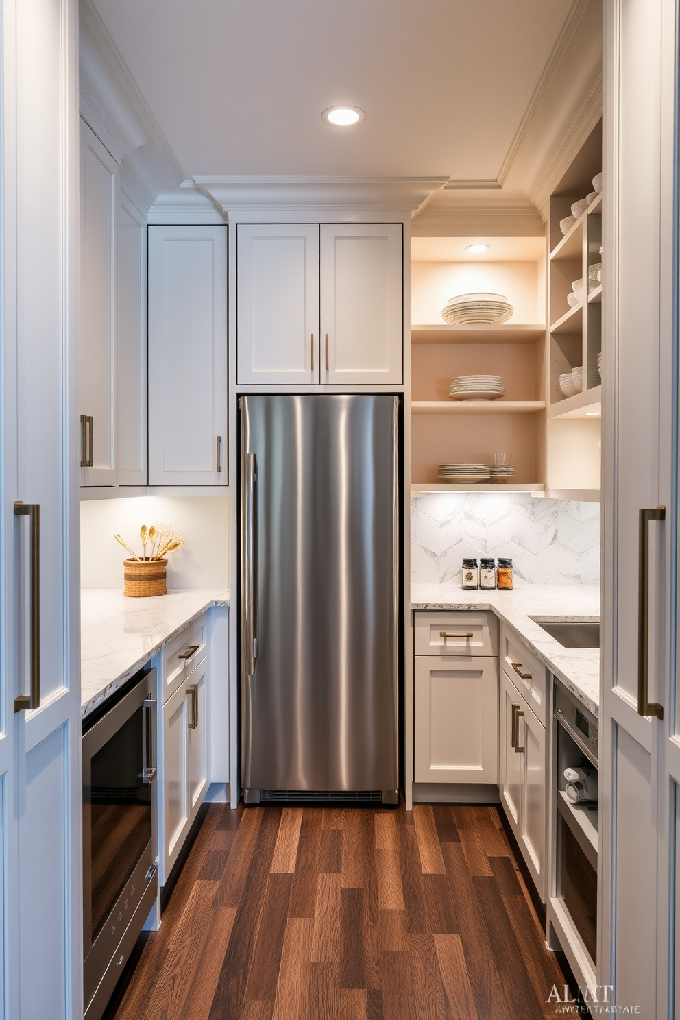 A butler pantry with hidden appliances creates a seamless and clean aesthetic. The cabinetry is designed to conceal the refrigerator and microwave, maintaining a streamlined look while providing functionality. Soft lighting illuminates the space, highlighting the elegant countertops and backsplash. Open shelving displays curated dishware, adding a touch of sophistication to the overall design.