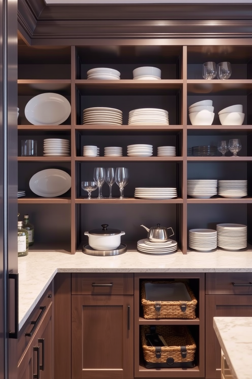 A modern butler pantry featuring integrated appliances seamlessly blending into the cabinetry. The design includes a sleek countertop with a built-in wine cooler and a hidden microwave, creating a functional and elegant space. The cabinetry is finished in a rich wood tone with minimalist hardware for a clean look. Soft under-cabinet lighting enhances the ambiance while providing practical illumination for meal prep and entertaining.