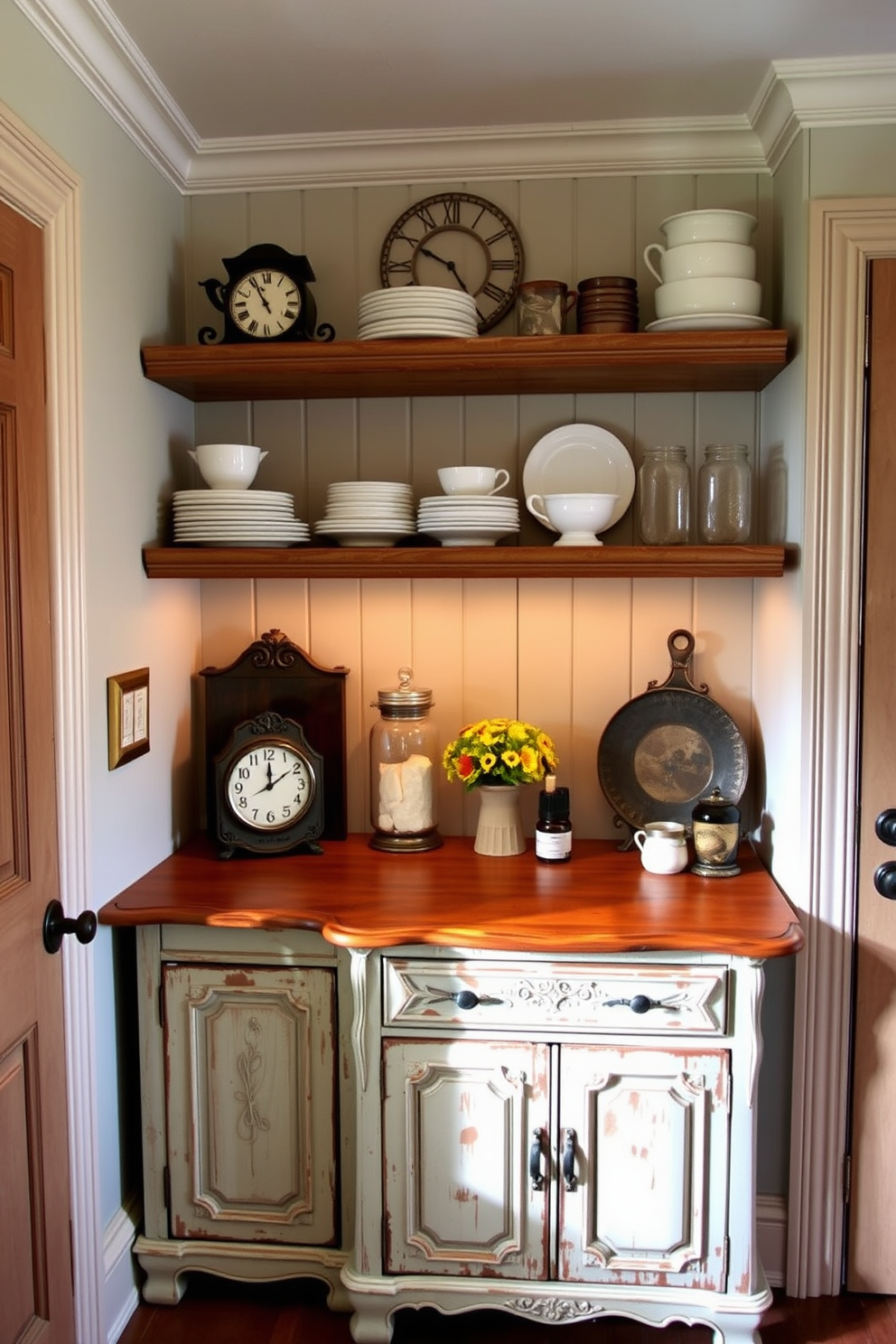 A charming butler pantry featuring vintage decor elements. The space includes a distressed wooden countertop with ornate detailing and open shelving displaying antique dishware. Soft, warm lighting illuminates the area, creating an inviting atmosphere. Decorative accents like a vintage clock and a collection of mason jars add character to the design.