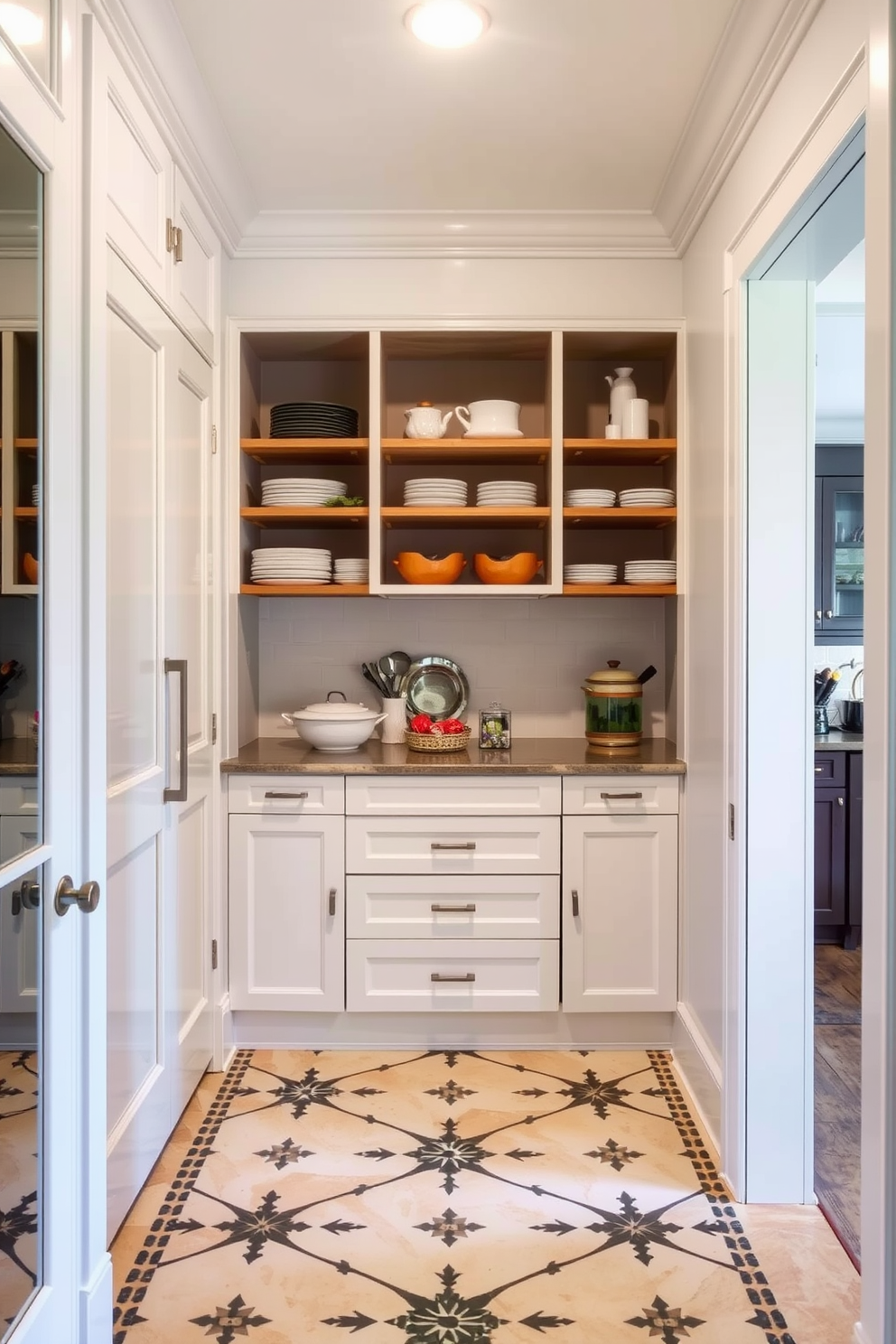 A butler pantry designed for functionality and style features decorative tile flooring that adds a unique touch. The space includes open shelving for easy access to dishware and a small counter area for food prep, creating an inviting atmosphere.