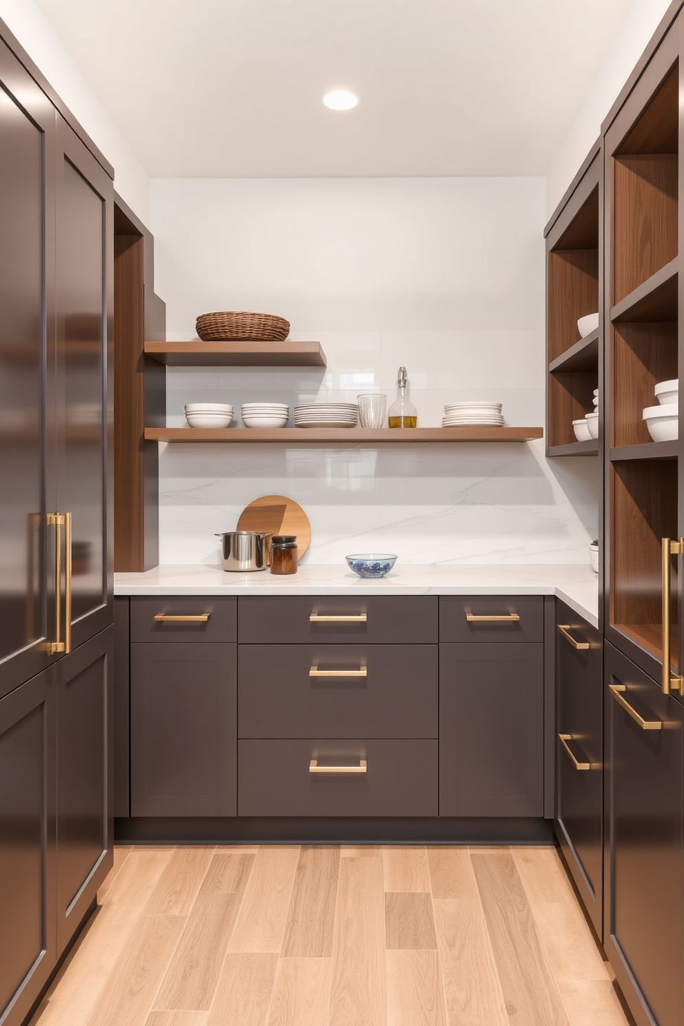 A butler pantry with an efficient layout designed for optimal workflow. It features sleek cabinetry with a combination of open shelves and closed storage, allowing for easy access to kitchen essentials.