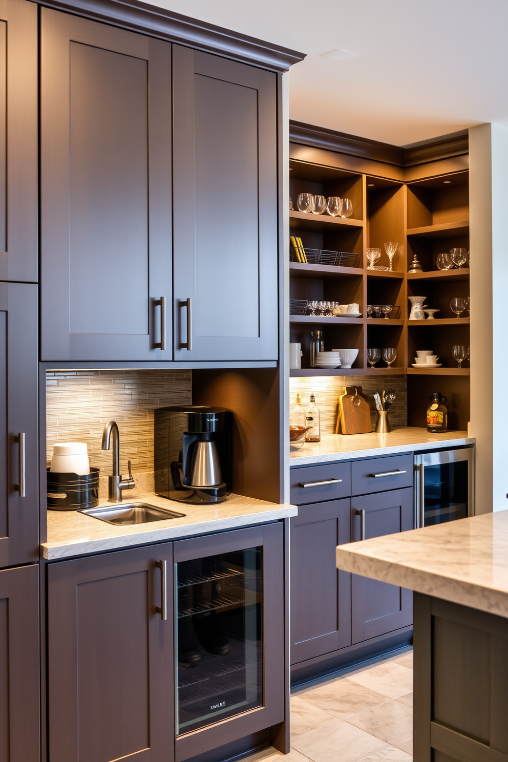 A stylish butler pantry featuring a pantry door with a frosted glass panel. The space includes open shelving filled with neatly organized jars and a countertop for food preparation.