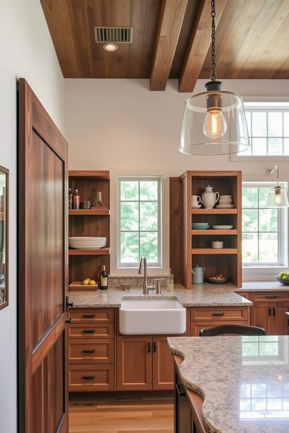 A stunning butler pantry with an accent wall featuring bold wallpaper. The wallpaper showcases a vibrant floral pattern that adds a touch of elegance to the space. The cabinetry is crafted from rich wood, providing ample storage for kitchen essentials. A marble countertop complements the design, and stylish pendant lights hang above for a warm ambiance.