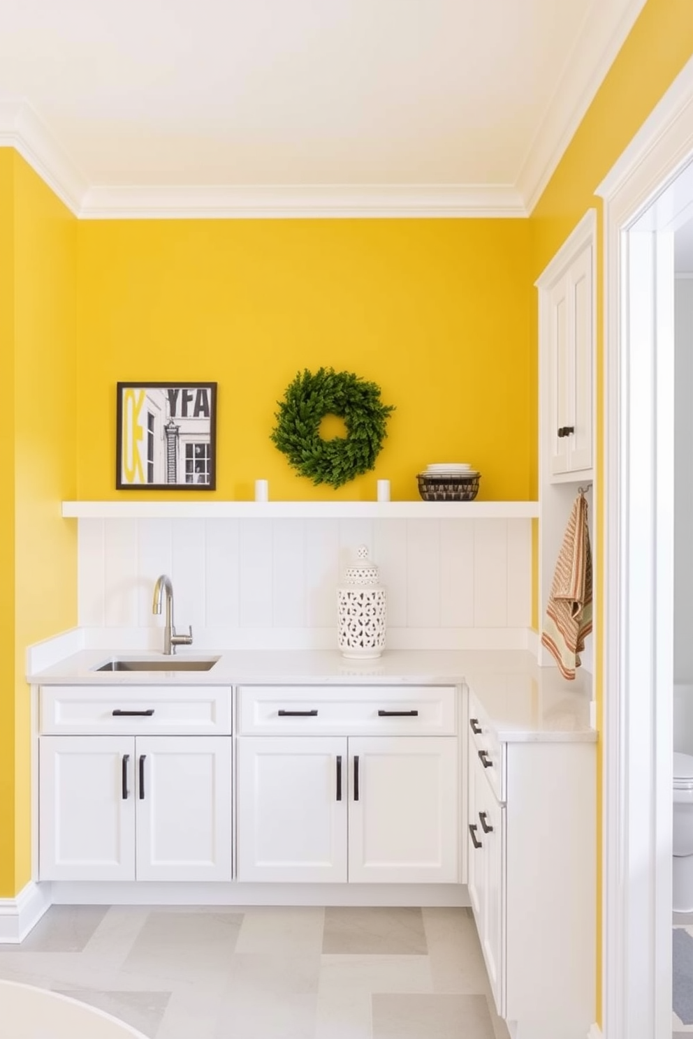 A butler pantry featuring bright paint colors creates an inviting and fresh atmosphere. The walls are painted in a vibrant yellow, complemented by white cabinetry and sleek countertops for a modern touch.