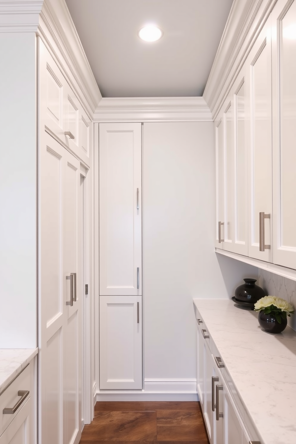 A butler pantry featuring elegant crown molding that enhances the overall sophistication of the space. The cabinetry is painted in a soft white with brushed nickel hardware, complemented by a marble countertop and a stylish backsplash.