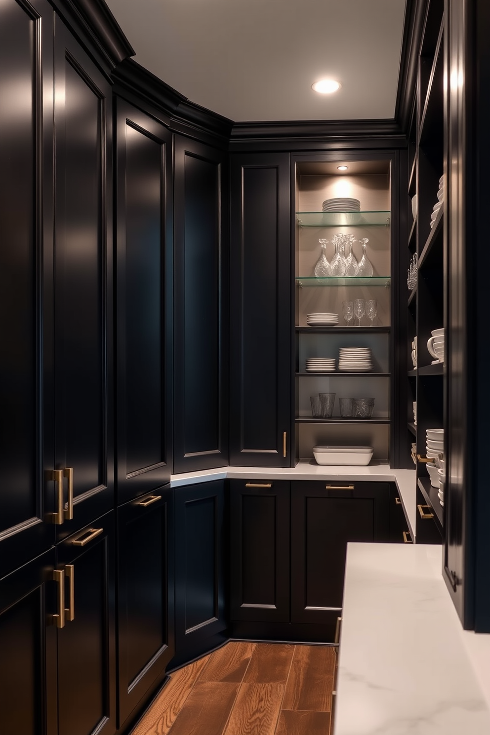 A butler pantry featuring dark cabinetry creates a striking contrast against the light walls. The rich wood finish adds depth and sophistication, while sleek hardware enhances the modern aesthetic.