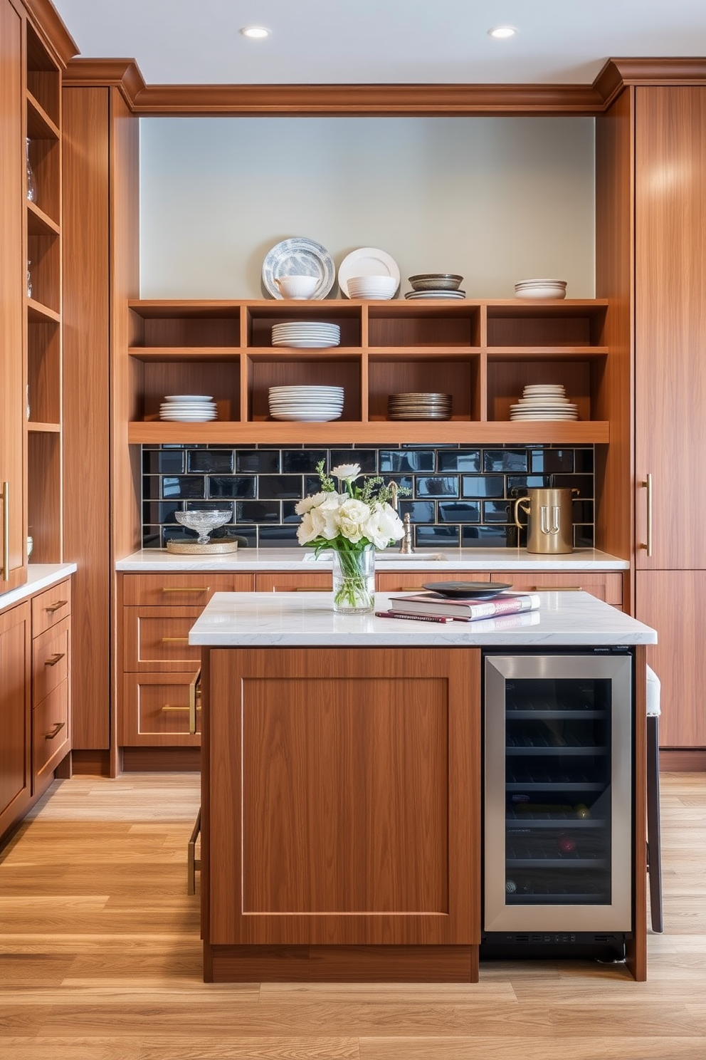 A stylish butler pantry featuring multi-functional furniture that maximizes storage and usability. The design includes a sleek island with built-in shelves on one side and a wine cooler integrated into the cabinetry. The cabinetry is finished in a warm wood tone, complemented by brass hardware for an elegant touch. Open shelving above the countertops displays decorative dishware, while a small seating area with upholstered stools invites casual dining.