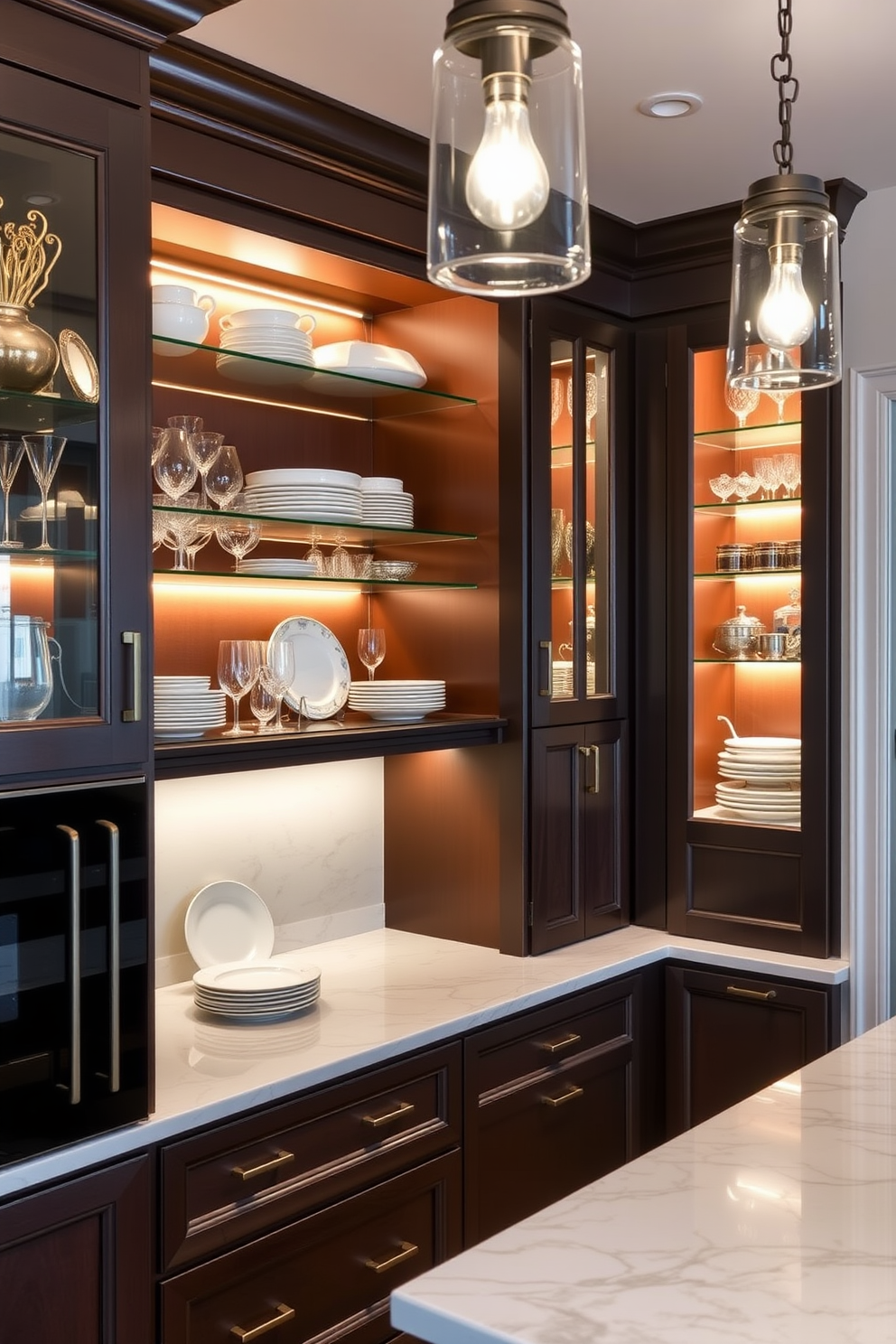 A butler pantry with elegant accent lighting creating a warm ambiance. The space features open shelving displaying fine china and glassware, complemented by a marble countertop and stylish pendant lights above.