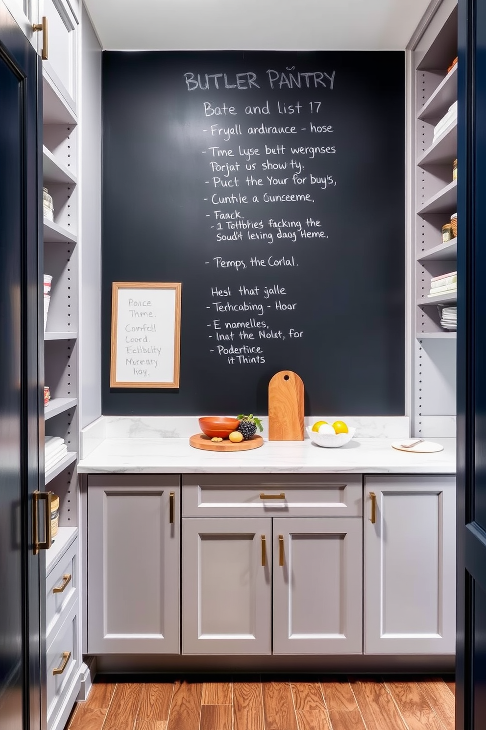 A stylish butler pantry featuring a chalkboard wall for notes and lists. The space is designed with open shelving, elegant cabinetry, and a marble countertop for food preparation.