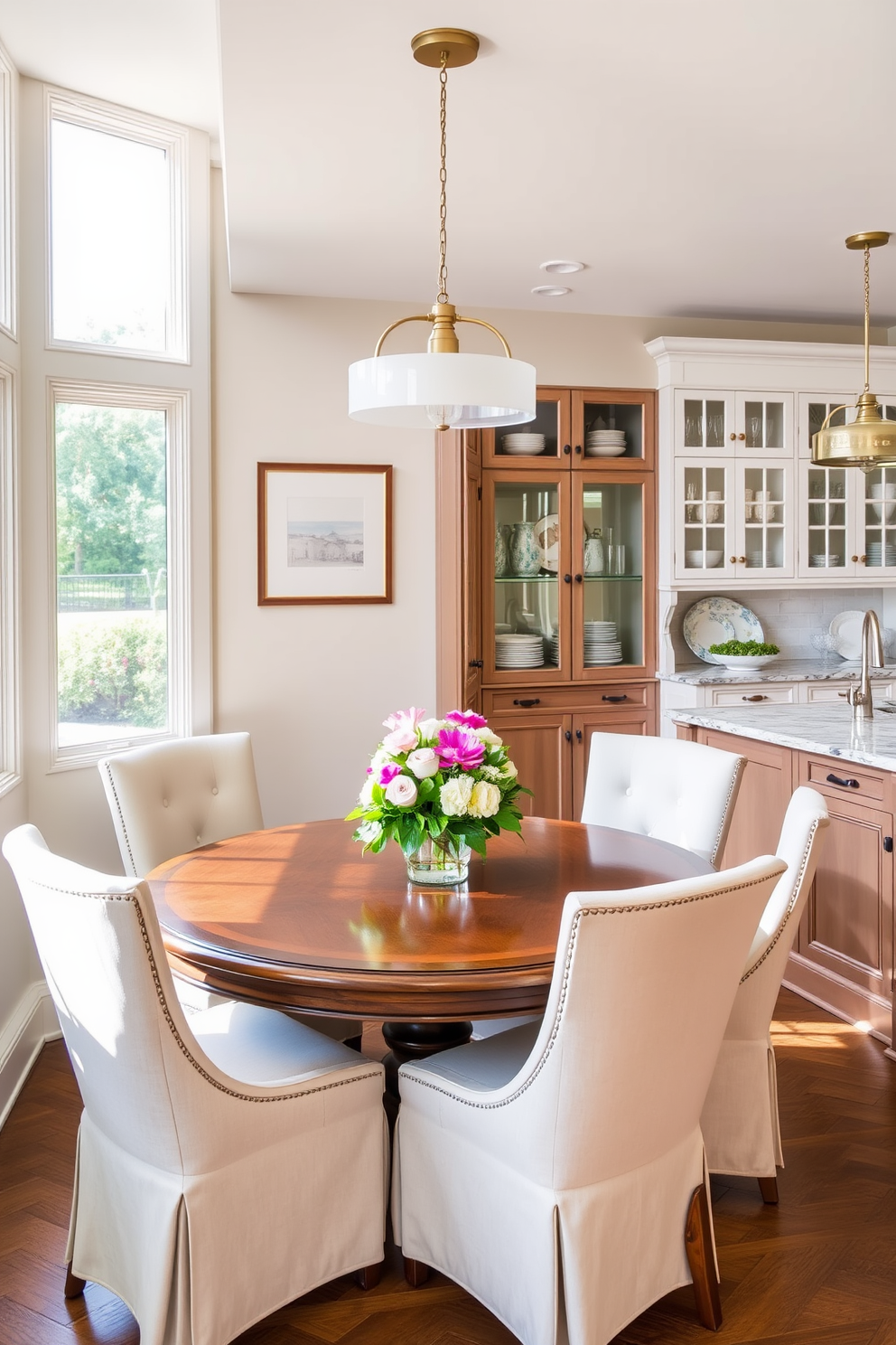 A cozy seating area for casual dining features a round wooden table surrounded by upholstered chairs in soft pastel colors. Natural light floods the space through large windows, enhancing the inviting atmosphere with a centerpiece of fresh flowers. The butler pantry showcases elegant cabinetry with glass fronts, displaying fine china and glassware. A marble countertop provides ample space for food preparation, complemented by stylish pendant lighting overhead.