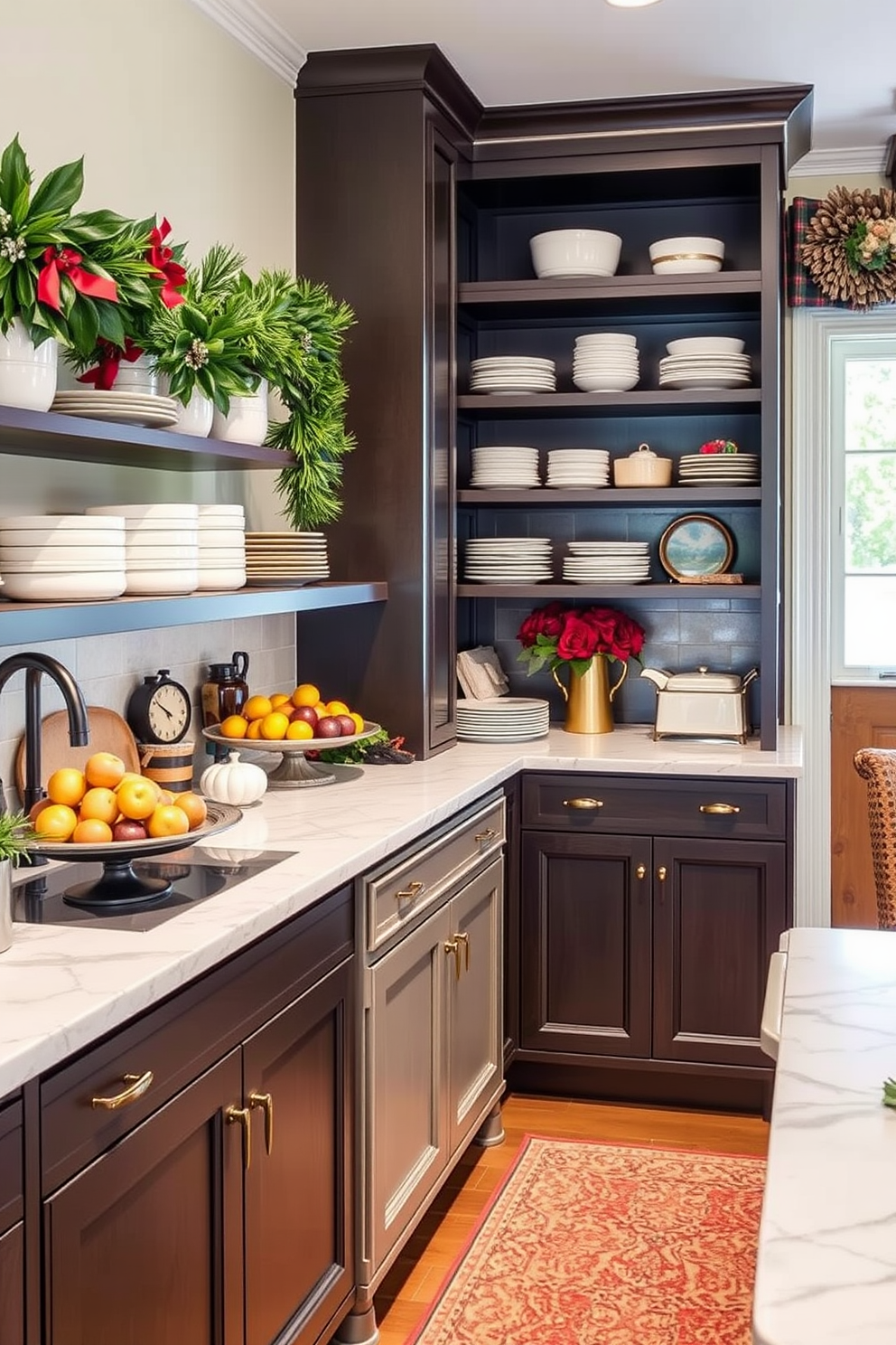 A stylish butler pantry featuring a combination of open shelving and closed cabinetry. The open shelves display elegant dishware and glassware, while the closed cabinets provide ample storage for kitchen essentials, all set against a backdrop of soft gray walls.