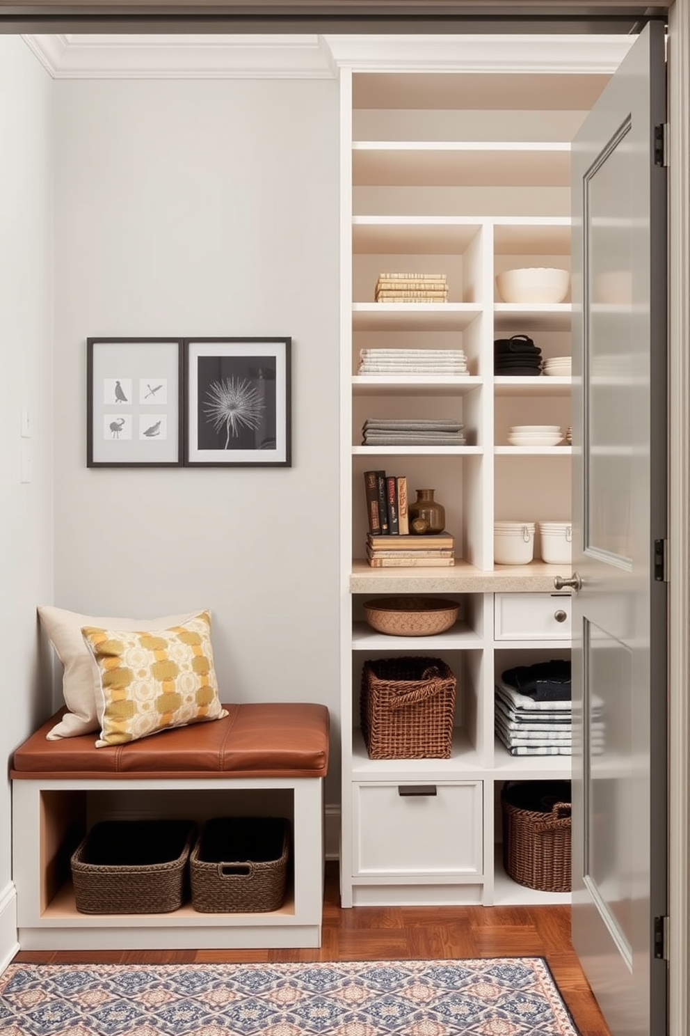 A beautifully designed butler pantry featuring a built-in spice rack for easy access. The cabinetry is a rich navy blue with brass hardware, and the countertop is a pristine white quartz with subtle veining.