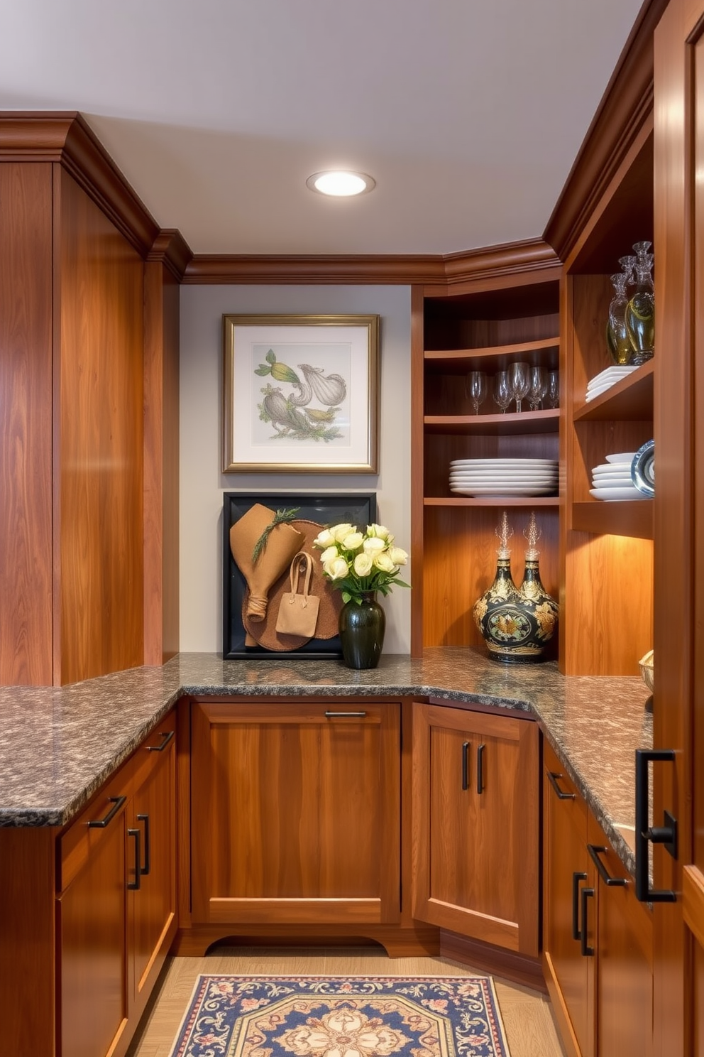 A charming butler pantry featuring rustic wood beams that add warmth and character to the space. The cabinetry is a mix of open shelves and closed storage, with a farmhouse sink and vintage-style fixtures enhancing the cozy ambiance.