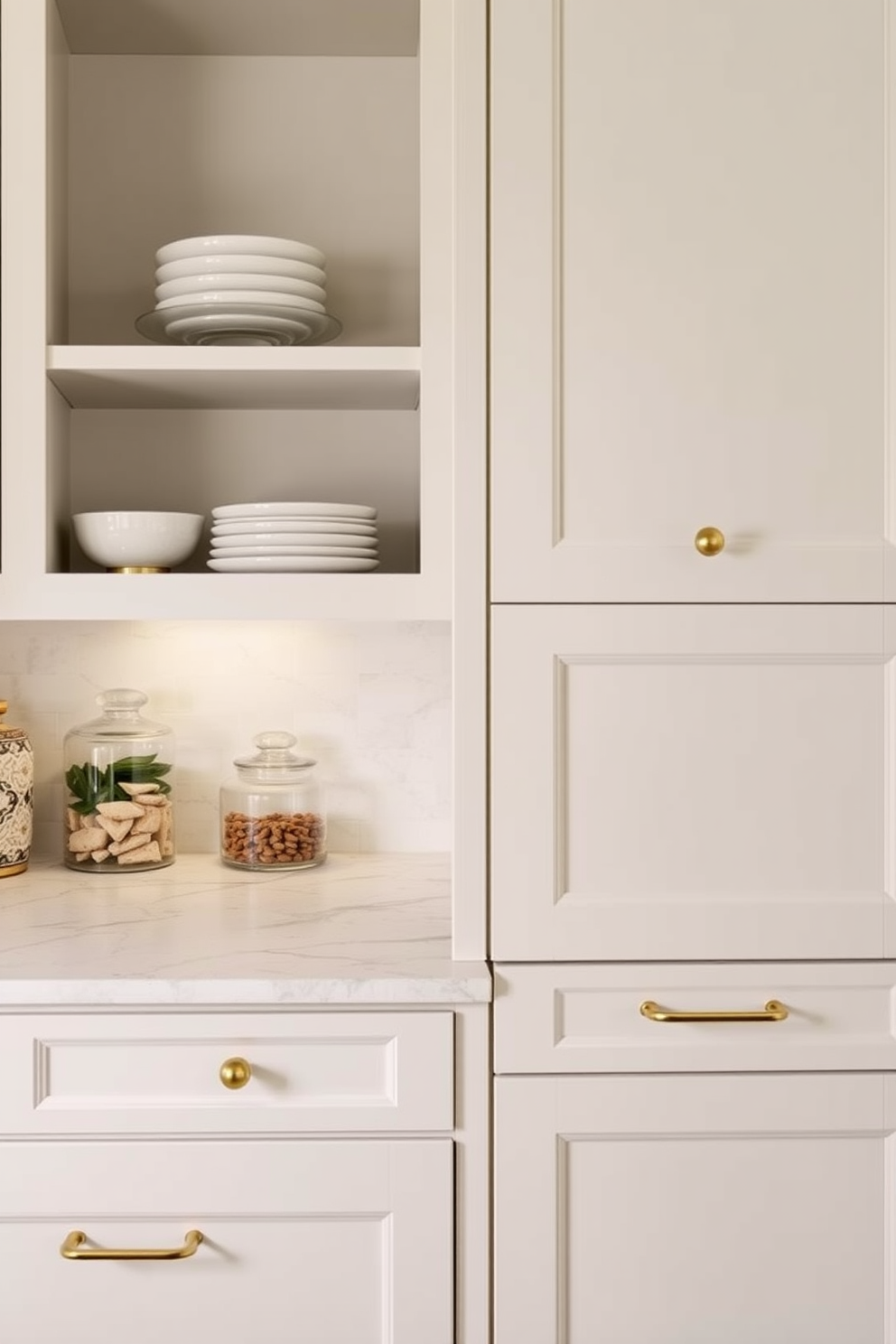 Elegant hardware for a refined look. Incorporate polished brass handles and knobs on cabinetry to enhance the sophistication of the space. Butler Pantry Design Ideas. Create a seamless blend of functionality and style with open shelving, a marble countertop, and decorative glass jars for storage.