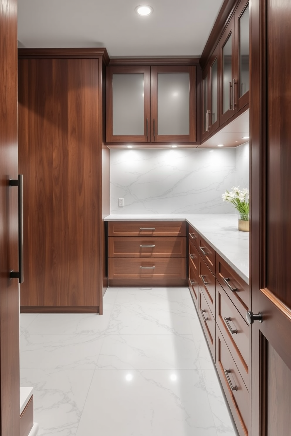 A butler pantry featuring elegant quartz countertops that blend durability with sophisticated style. The space includes custom cabinetry with a rich wood finish, providing ample storage and a polished look.