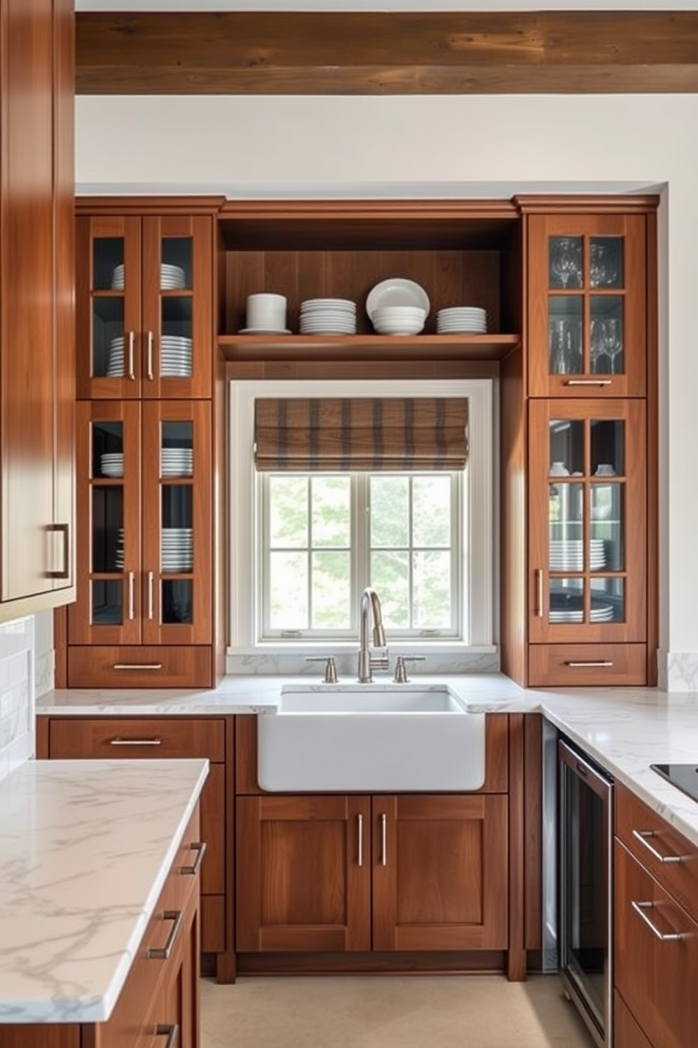 A stylish butler pantry that combines modern functionality with traditional charm. The space features sleek cabinetry with a rich wood finish, paired with vintage-inspired hardware and elegant glass-front doors. A large farmhouse sink is centered beneath a window, surrounded by a beautiful marble countertop. Open shelving displays fine china and glassware, while a small wine cooler is integrated into the cabinetry for convenience.