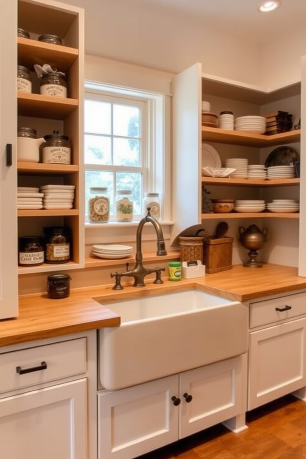 A charming butler pantry features a large farmhouse sink made of white porcelain, surrounded by rustic wooden cabinetry. Open shelving above displays neatly arranged dishware and glassware, while a vintage-style light fixture adds warmth to the space.