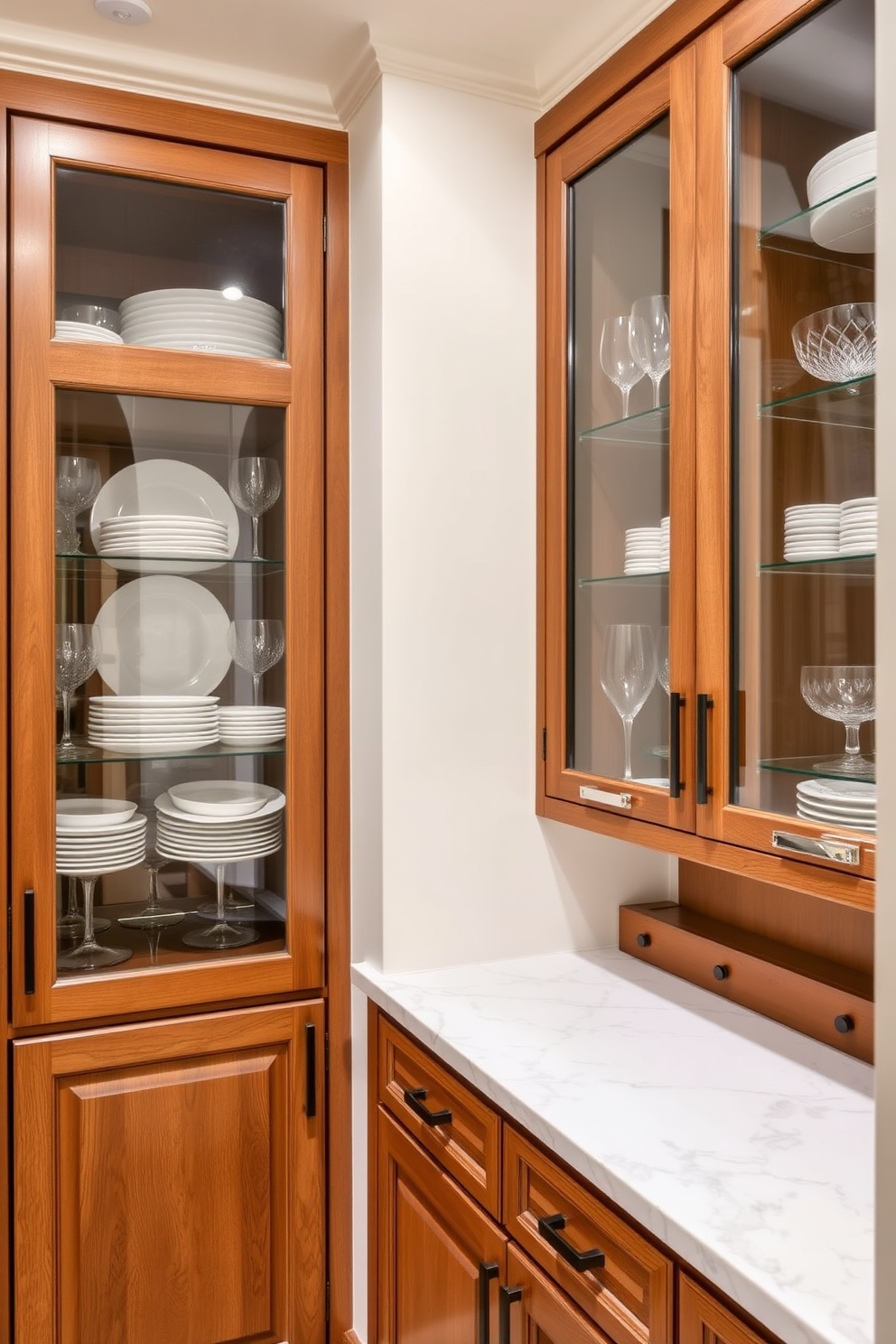 A charming butler pantry featuring glass front cabinets that elegantly display an array of fine dishes and glassware. The cabinets are framed in a warm wood finish, complemented by a polished marble countertop that adds a touch of luxury.