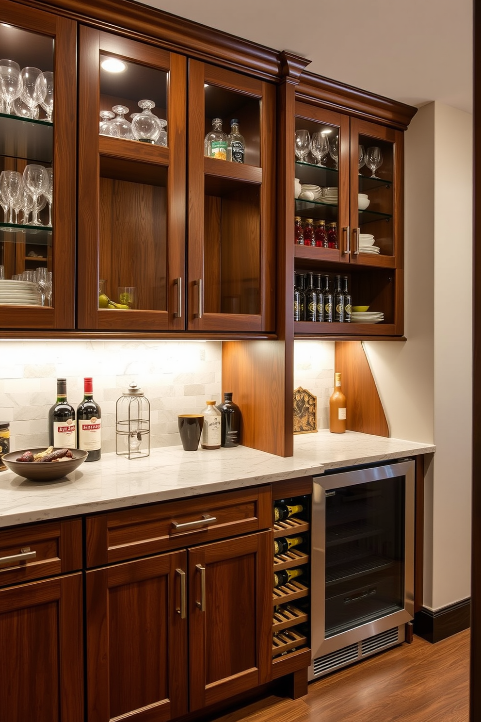 A stylish butler pantry designed for functionality and elegance. It features a built-in wine cooler seamlessly integrated into the cabinetry, providing easy access for entertaining guests. The space is adorned with custom shelving for glassware and gourmet ingredients. Warm lighting highlights the rich wood finishes and creates an inviting atmosphere.