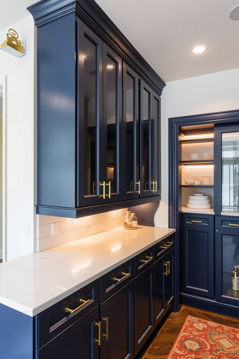 A butler pantry featuring elegant under-cabinet lighting that creates a warm and inviting atmosphere. The cabinetry is a rich navy blue with brass hardware, complemented by a white marble countertop and a stylish backsplash.