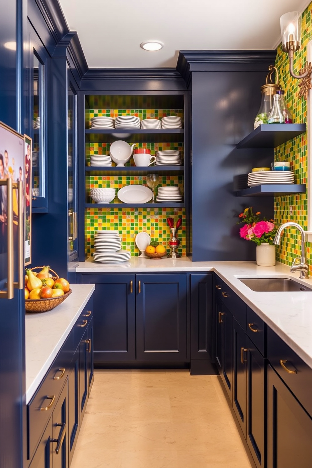 A vibrant butler pantry featuring colorful backsplashes that add visual interest. The cabinetry is a rich navy blue, complemented by a bright yellow and green mosaic tile backsplash that creates a striking focal point. The countertop is a sleek white quartz with subtle veining, providing a clean contrast to the bold colors. Open shelving displays an array of colorful dishware, while decorative lighting fixtures enhance the warm and inviting atmosphere.