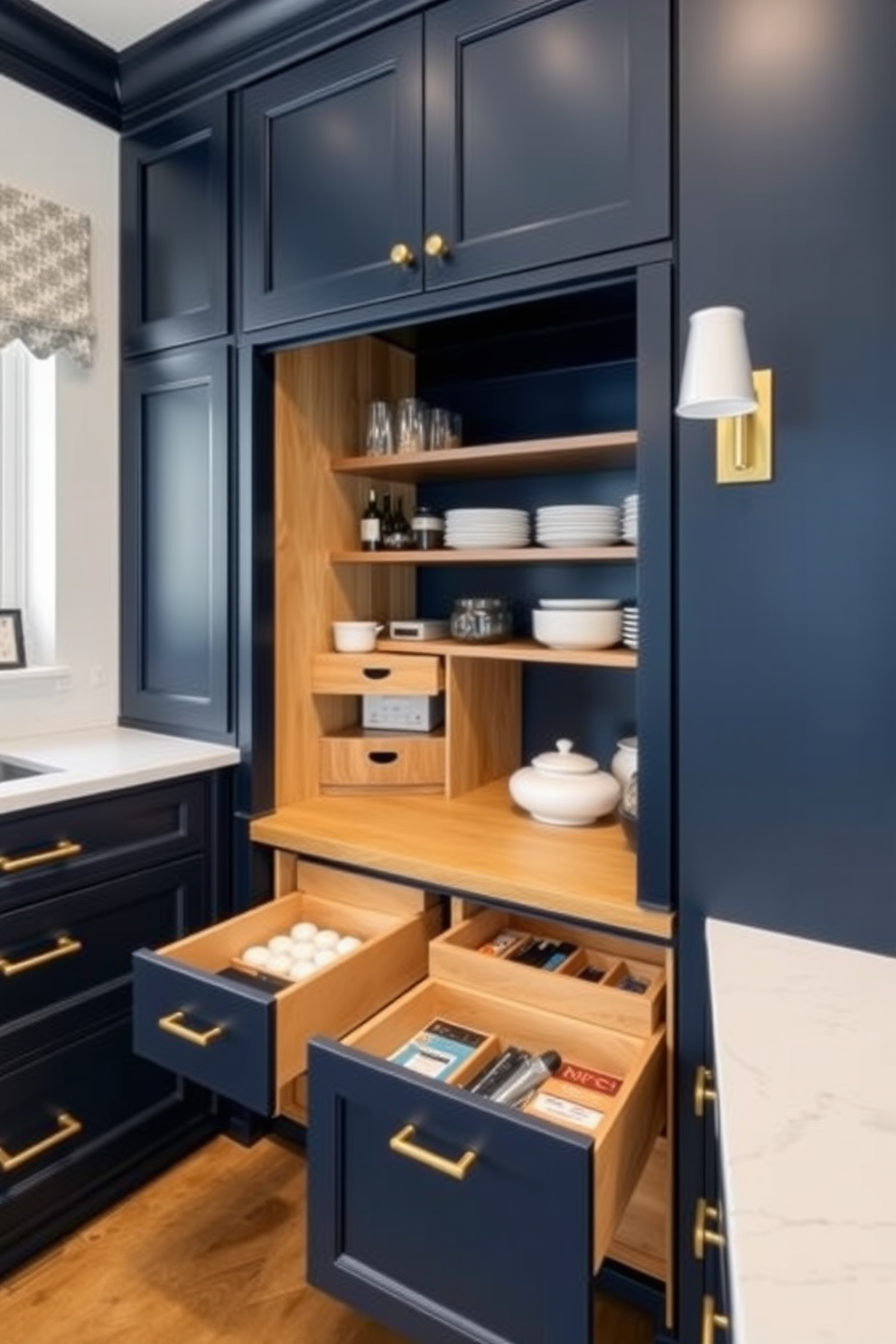 A spacious butler pantry featuring pull-out drawers for organized storage. The cabinetry is a rich navy blue with brass hardware, and the countertops are a polished white quartz.