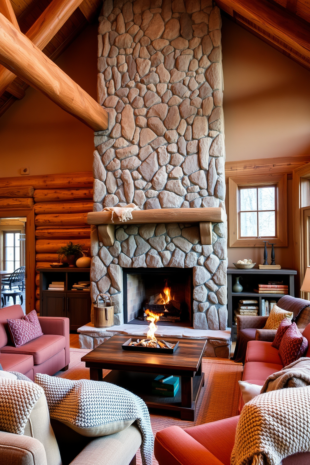 Cozy fireplace with rustic stone accents. A large stone fireplace serves as the focal point of the room, surrounded by comfortable seating in warm, earthy tones. Wooden beams stretch across the ceiling, enhancing the cabin's rustic charm. Soft, textured blankets and plush cushions invite relaxation in this inviting living space.