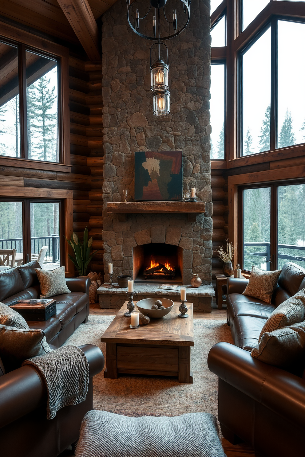 A cozy cabin living room features a large stone fireplace as the focal point, surrounded by comfortable leather sofas and rustic wooden coffee tables. The walls are adorned with reclaimed wood paneling, and large windows offer a view of the surrounding forest. Hanging pendant lights provide a stylish touch, illuminating the space with a warm glow. Soft, textured throws and cushions in earthy tones add comfort and invite relaxation.