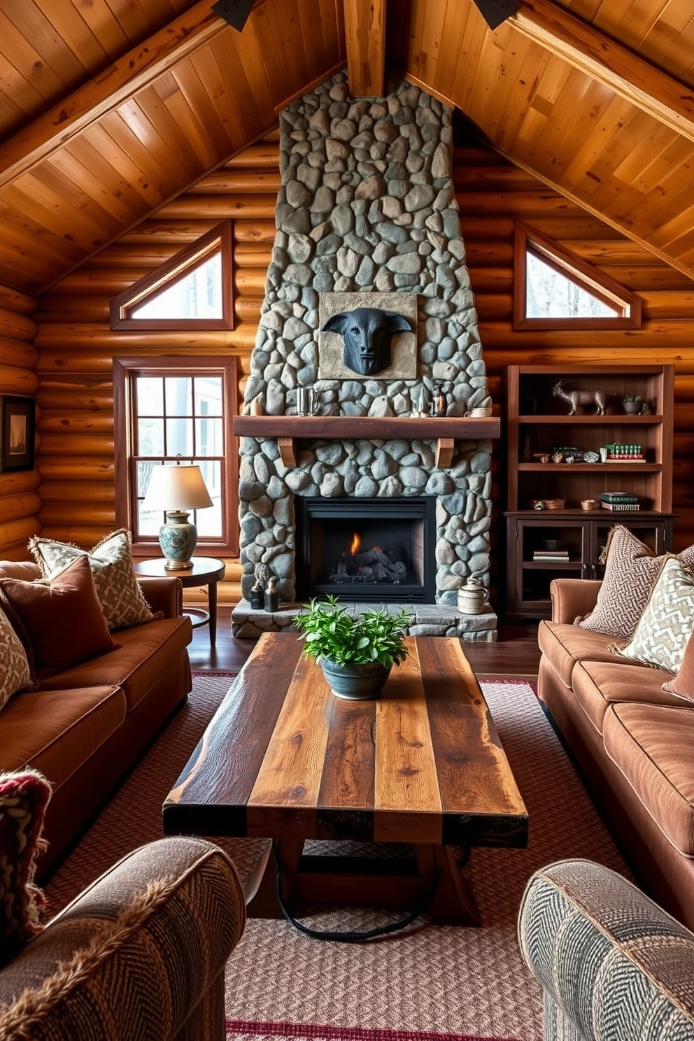 A cozy cabin living room features a reclaimed wood coffee table as the focal point, surrounded by plush seating in earthy tones. The walls are adorned with natural wood paneling, and a stone fireplace adds warmth and charm to the space.