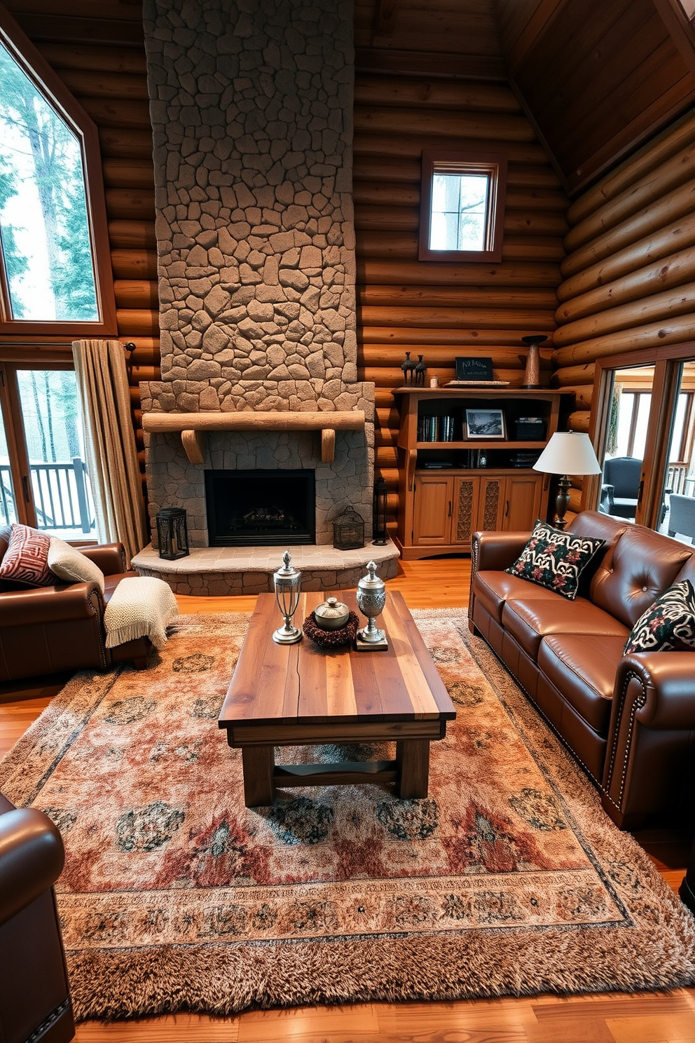 A cozy cabin living room featuring plush area rugs that define the seating areas. The space includes a large stone fireplace, with comfortable leather sofas arranged around a rustic wooden coffee table.