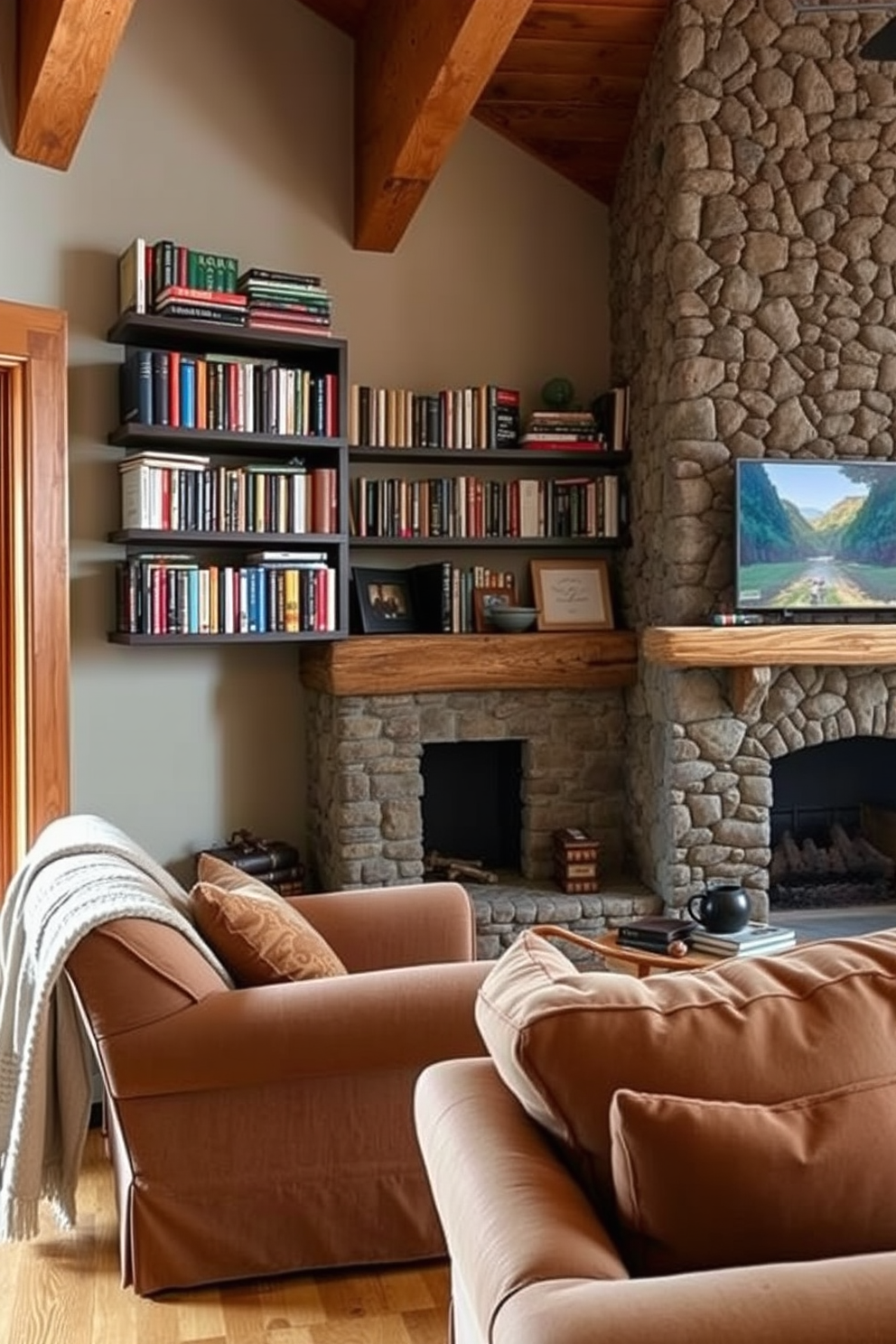 A cozy reading nook features wall-mounted bookshelves filled with an array of books in various colors and sizes. A comfortable armchair is positioned nearby, with a soft throw blanket draped over the side, inviting relaxation. The cabin living room design incorporates rustic wooden beams and a stone fireplace as the focal point. Plush furniture in warm tones complements the natural elements, creating an inviting atmosphere for gatherings.