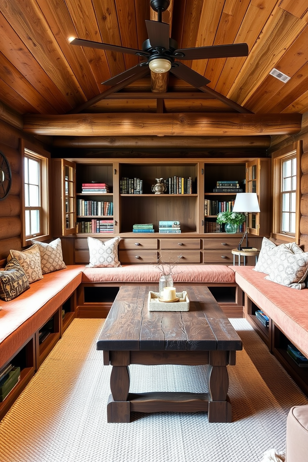 A cozy cabin living room featuring built-in benches along the walls that provide ample storage for blankets and books. The benches are upholstered in a warm, textured fabric, creating a welcoming atmosphere with a rustic wooden coffee table at the center.