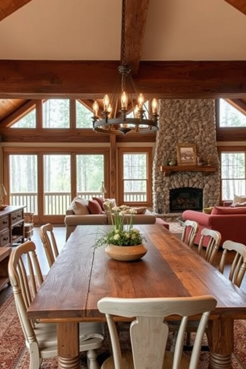 A farmhouse style dining table made of reclaimed wood is the centerpiece of the room, surrounded by mismatched chairs that add charm and character. Above the table, a rustic chandelier made of wrought iron hangs, casting a warm glow over the space. The cabin living room features a large stone fireplace as the focal point, with a cozy seating arrangement of plush sofas and armchairs in earthy tones. Large windows frame the view of the surrounding forest, allowing natural light to flood the room and create an inviting atmosphere.