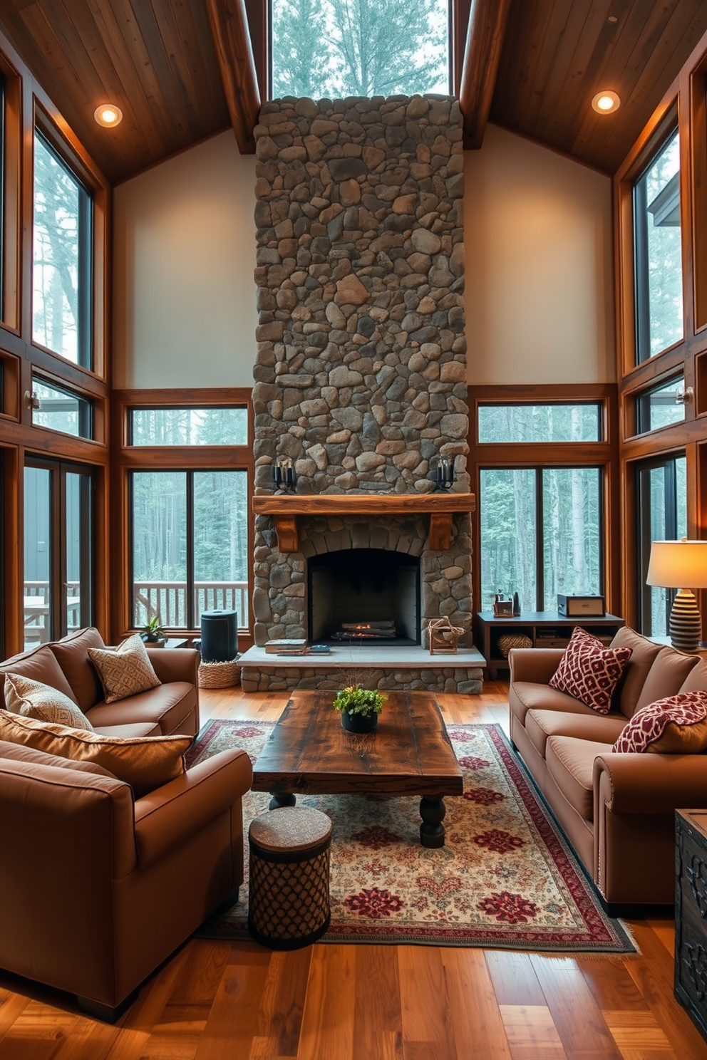 A cozy cabin living room featuring a large stone fireplace as the focal point. The room is adorned with plush seating in earthy tones, complemented by a reclaimed wood coffee table and soft area rugs. Large windows allow natural light to flood the space, showcasing the surrounding forest views. Soft lighting with dimmable fixtures creates a warm and inviting atmosphere for relaxation.