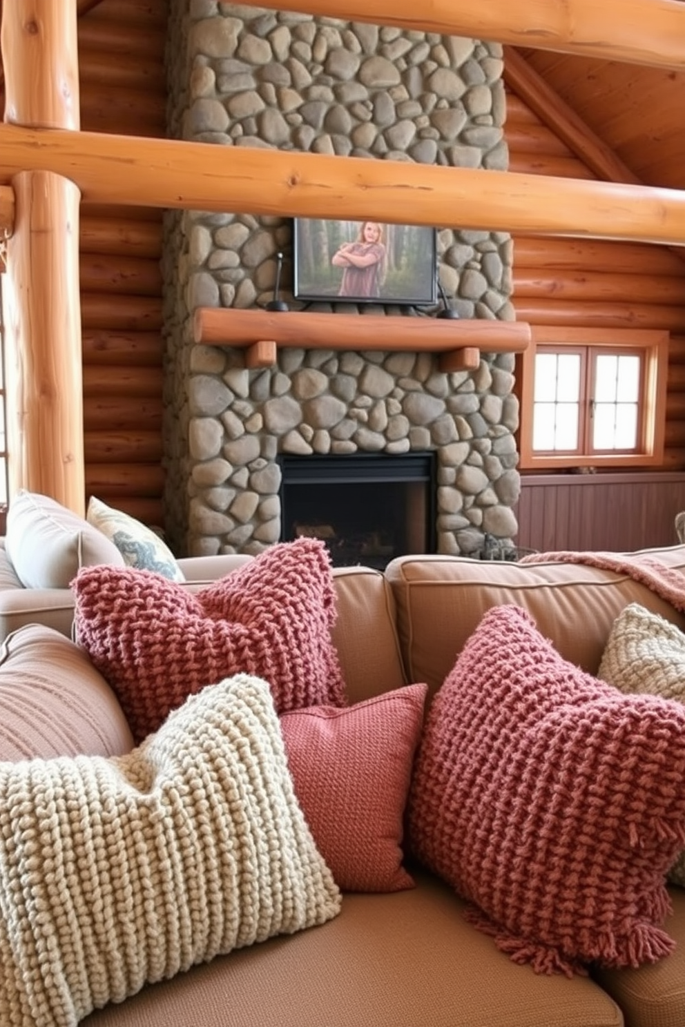 A rustic stone fireplace serves as the focal point of the cabin living room, surrounded by warm wooden beams and natural textures. Plush seating in earthy tones invites relaxation, complemented by cozy throw blankets and a reclaimed wood coffee table.