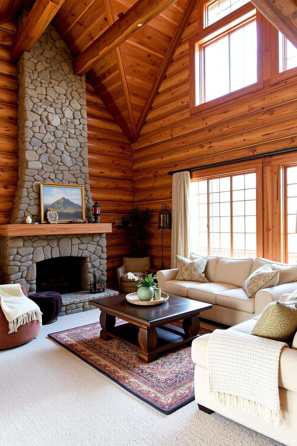 A cozy cabin living room featuring log walls painted in light hues. The space is adorned with a plush sectional sofa, a rustic coffee table, and a stone fireplace that adds warmth to the atmosphere. Natural light floods in through large windows, highlighting the wooden beams of the ceiling. Soft throw blankets and decorative pillows in earthy tones create an inviting and comfortable setting.