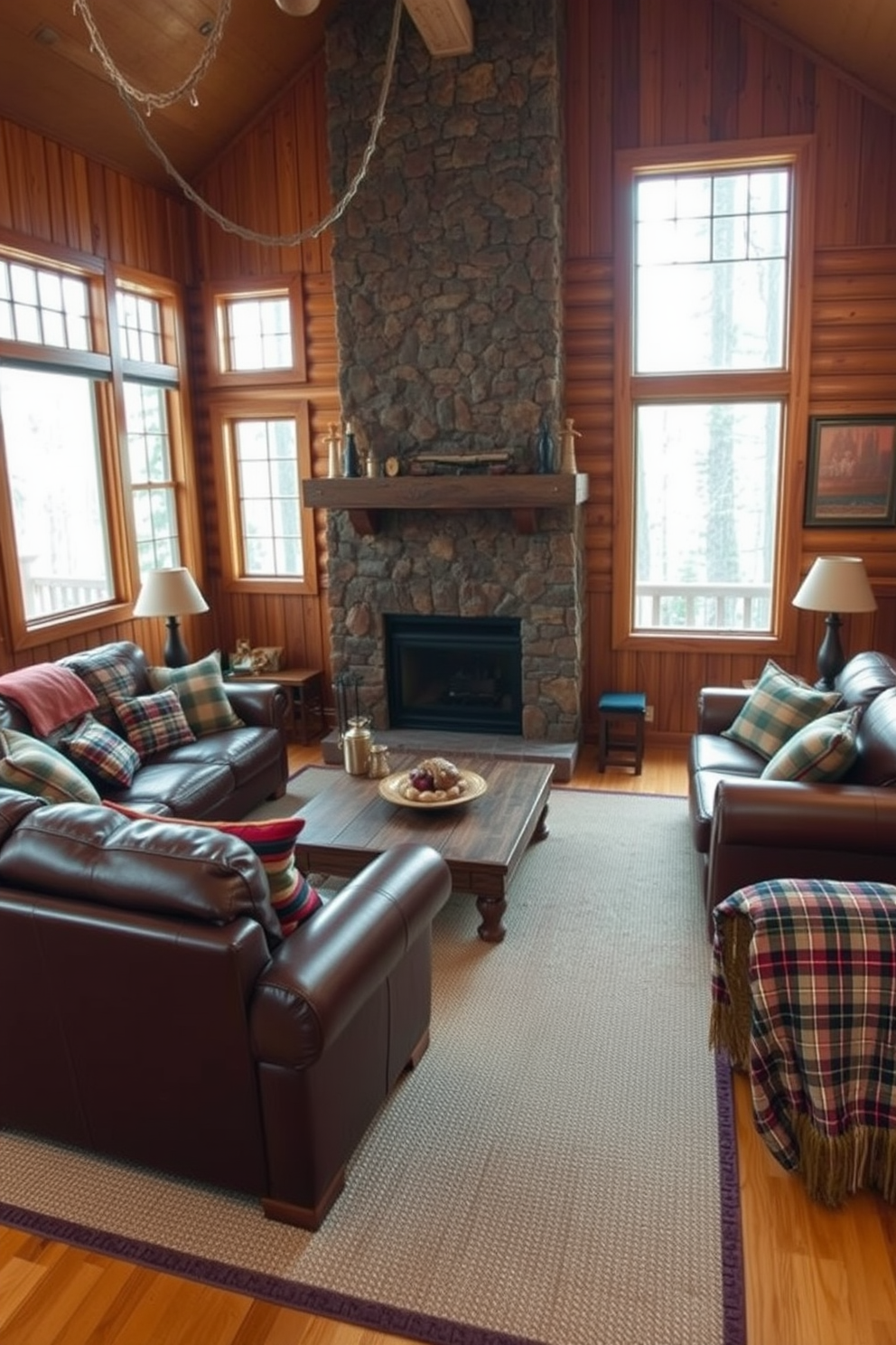 A cozy cabin living room featuring wooden beams and high ceilings. The space is adorned with a large stone fireplace as the focal point, surrounded by plush seating and warm textiles. Natural light floods the room through expansive windows that frame a breathtaking forest view. Rustic wooden furniture complements the earthy color palette, creating an inviting atmosphere perfect for relaxation.