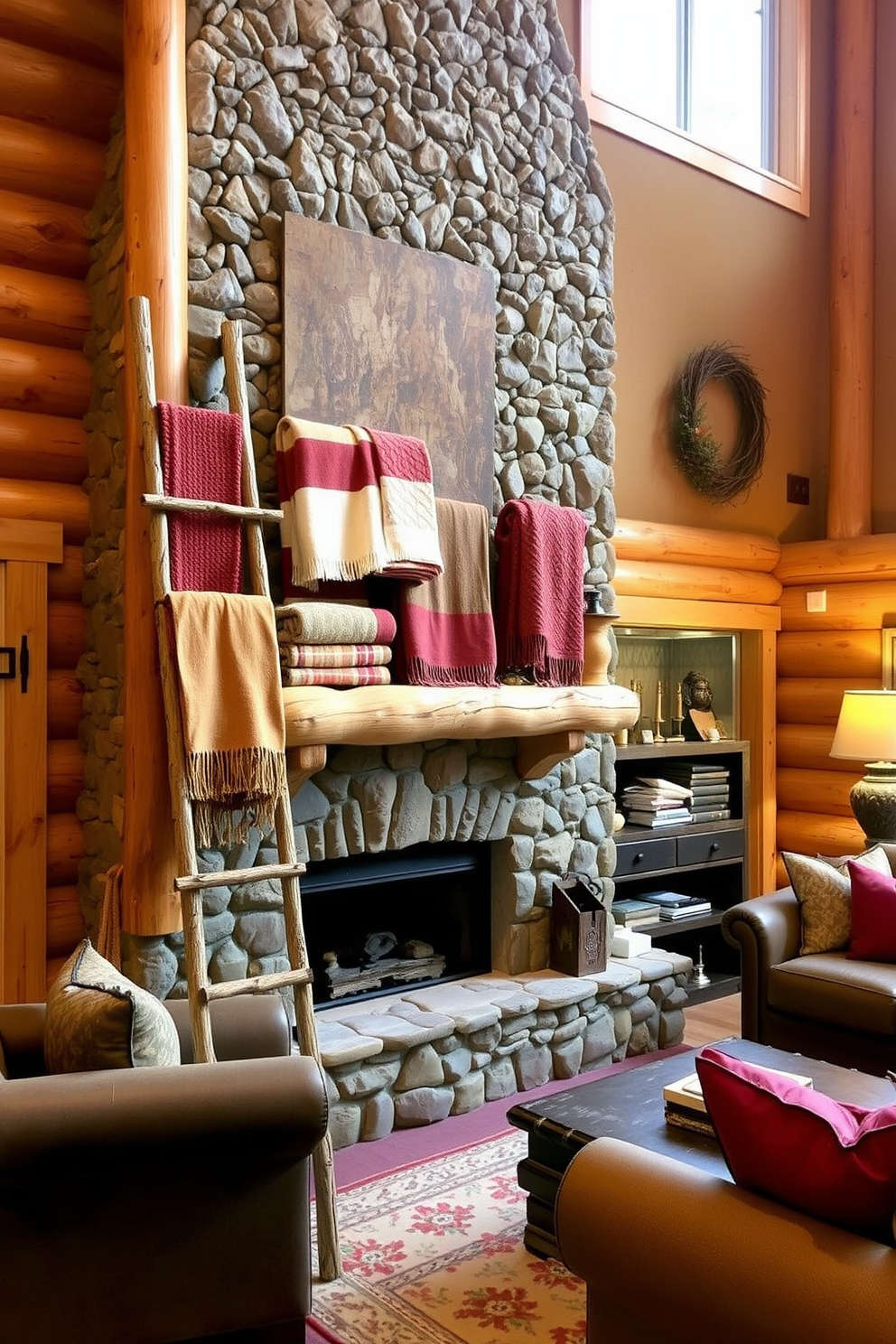 A cozy nook features a window seat adorned with plush cushions in soft earth tones. The surrounding walls are clad in warm wood paneling, creating a rustic yet inviting atmosphere. In the cabin living room, a stone fireplace serves as the focal point, flanked by built-in bookshelves filled with rustic decor. Large windows offer a view of the surrounding nature, while a comfortable sectional sofa invites relaxation.